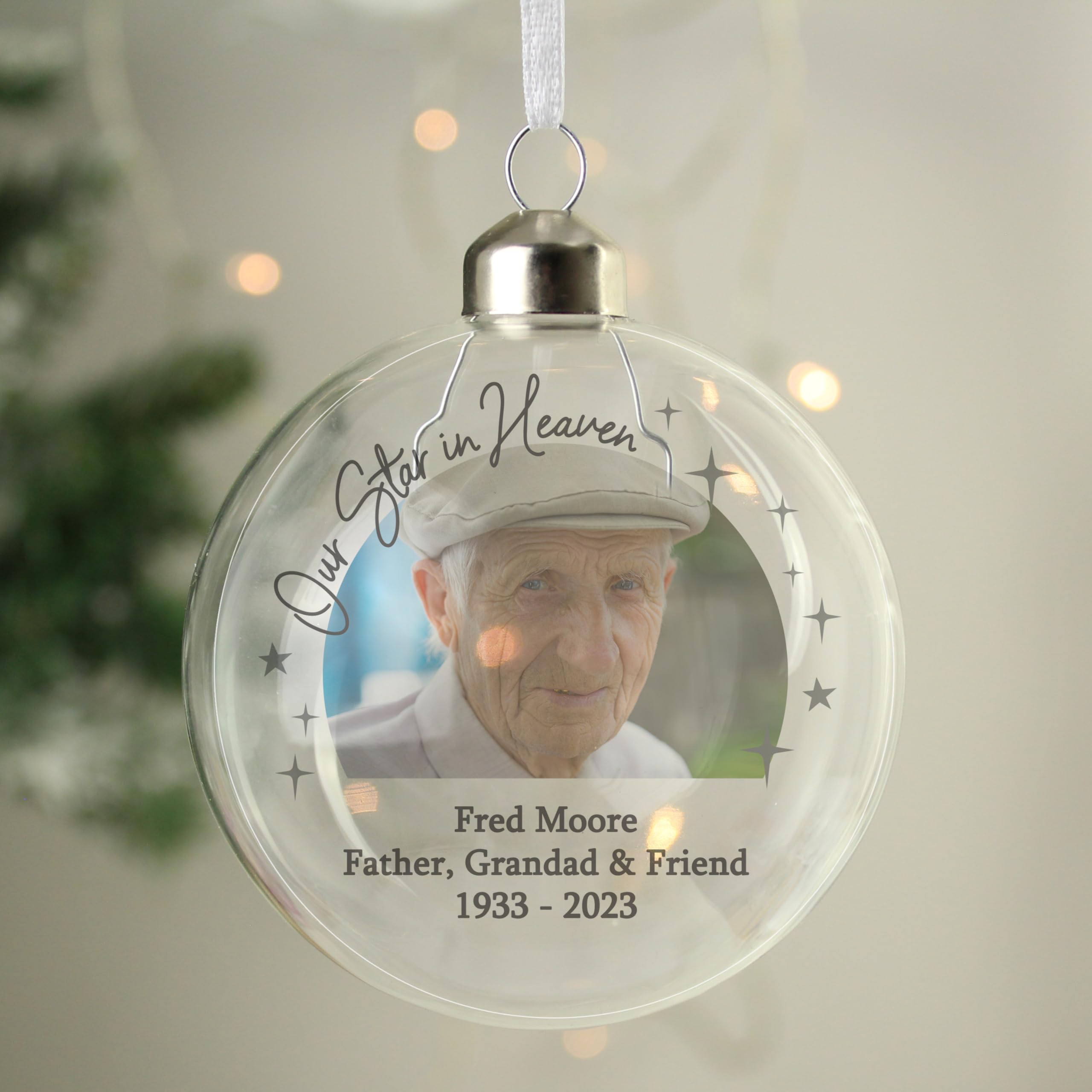 Custom Personalised Photo Upload Memorial Glass Christmas Tree Bauble with any photo or message. Perfect for Christmas or memorial