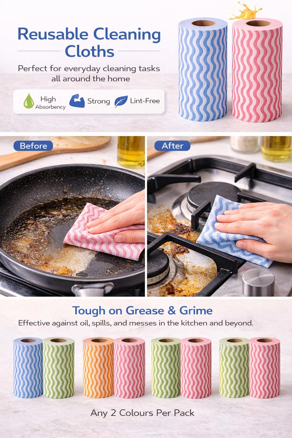 Premium Reusable Kitchen Towel Roll | Non-Woven Washable Cleaning Cloth (120 Pulls) | Lint-Free, OBA-Free, Strong Absorbency Kitchen Wipes for Slabs, Sinks & Appliances 2