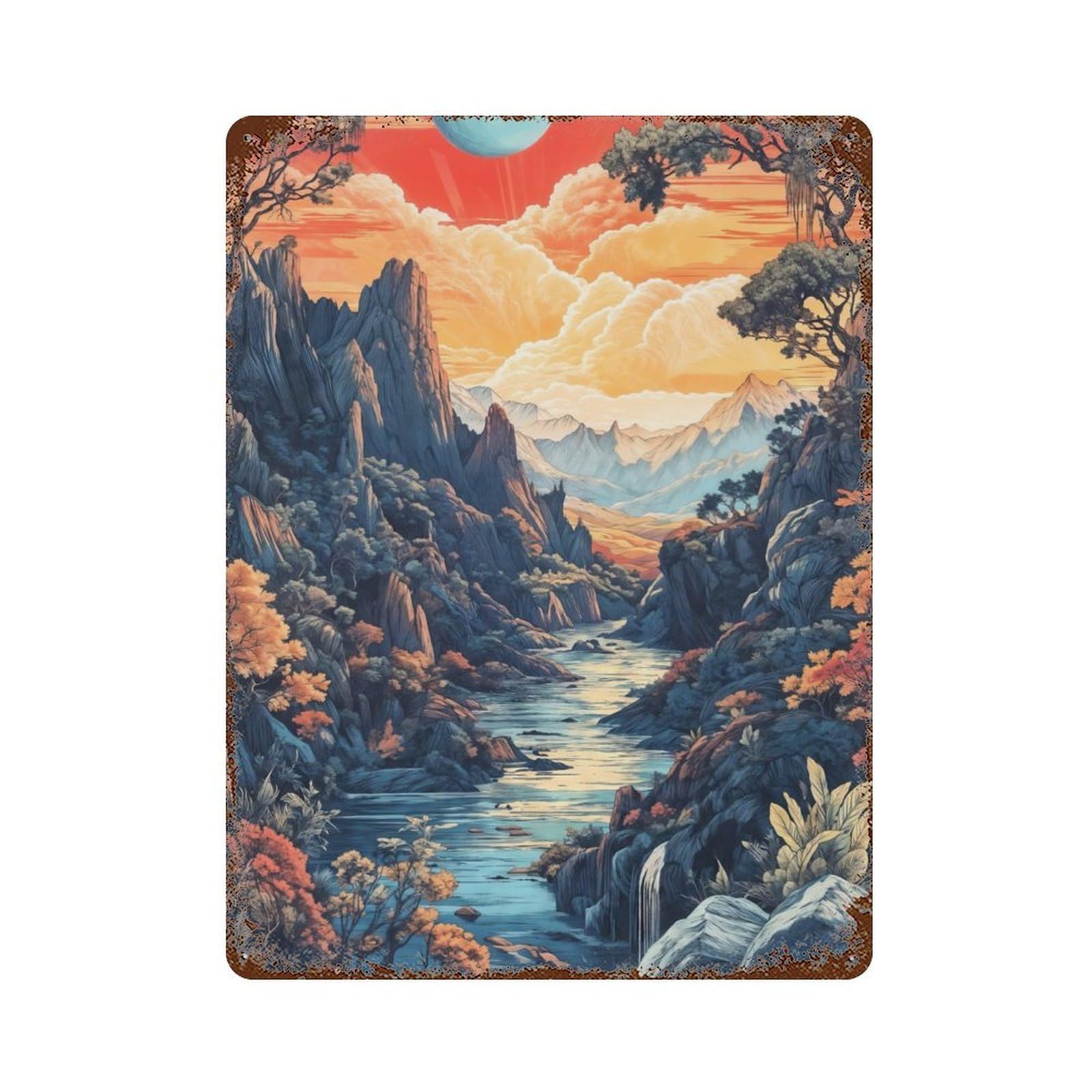Surreal River Valley Aged Metal Wall Plaque 15.7"x11.8", Decorative Metal Wall Art for Garage, Pub Or Kitchen