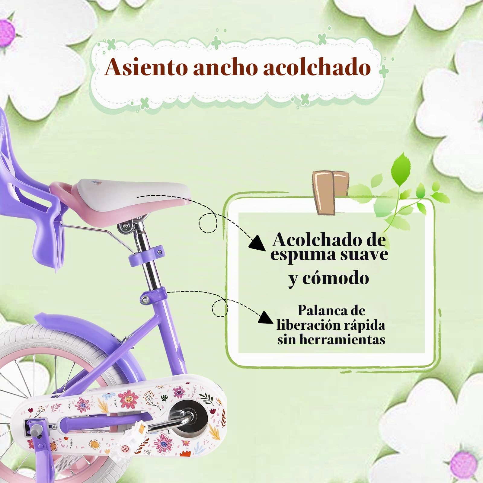 RULLY Bicicleta de 12" 14" 16" Daisy para Niñas de 2-7 Años – Bicicleta Infantil con Ruedas y Cesta – Color Rosa Violeta
