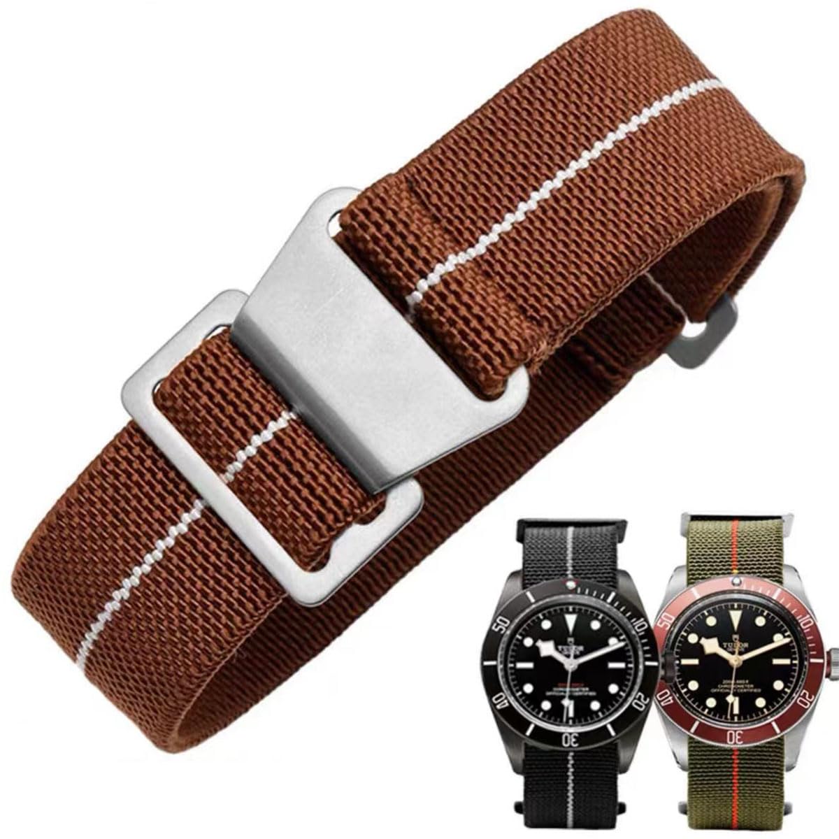 French Troops Paratrooper Watchband,Military Elastic Nylon Watch Strap with Hook-and-Loop for Men Women Silver & Black Buckle 18/20/22mm