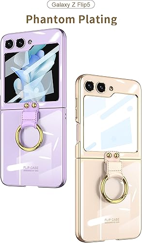 Miniatura 2 de SHIEID Z Flip 5 - Funda con soporte de anillo, borde galvanizado para Galaxy Z Flip 5, funda protectora delgada con protector de pantalla integrado