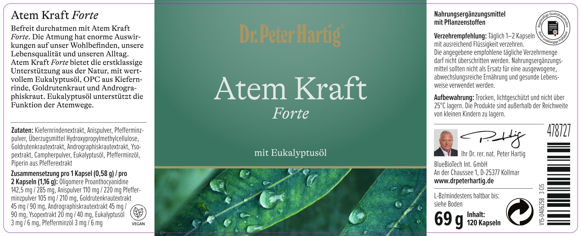 Dr. Peter Hartig Atem Kraft Forte, unterstützt die Atmung und Lunge, OPC, Eukalyptusöl, 120 Kapseln 4-Monats-Vorrat Lactose- Gluten- und Hefefrei