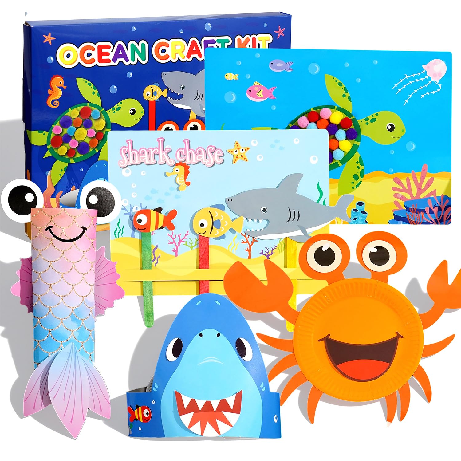 Dubydu Ocean Craft Kit for Kids Age 3-6, 6-in-1 DIY Paper Craft Set with Crab Plate, Mermaid, Fishing Game, Shark Hat & Pom Pom Art, Creative Arts and Crafts for Preschool Boys & Girls