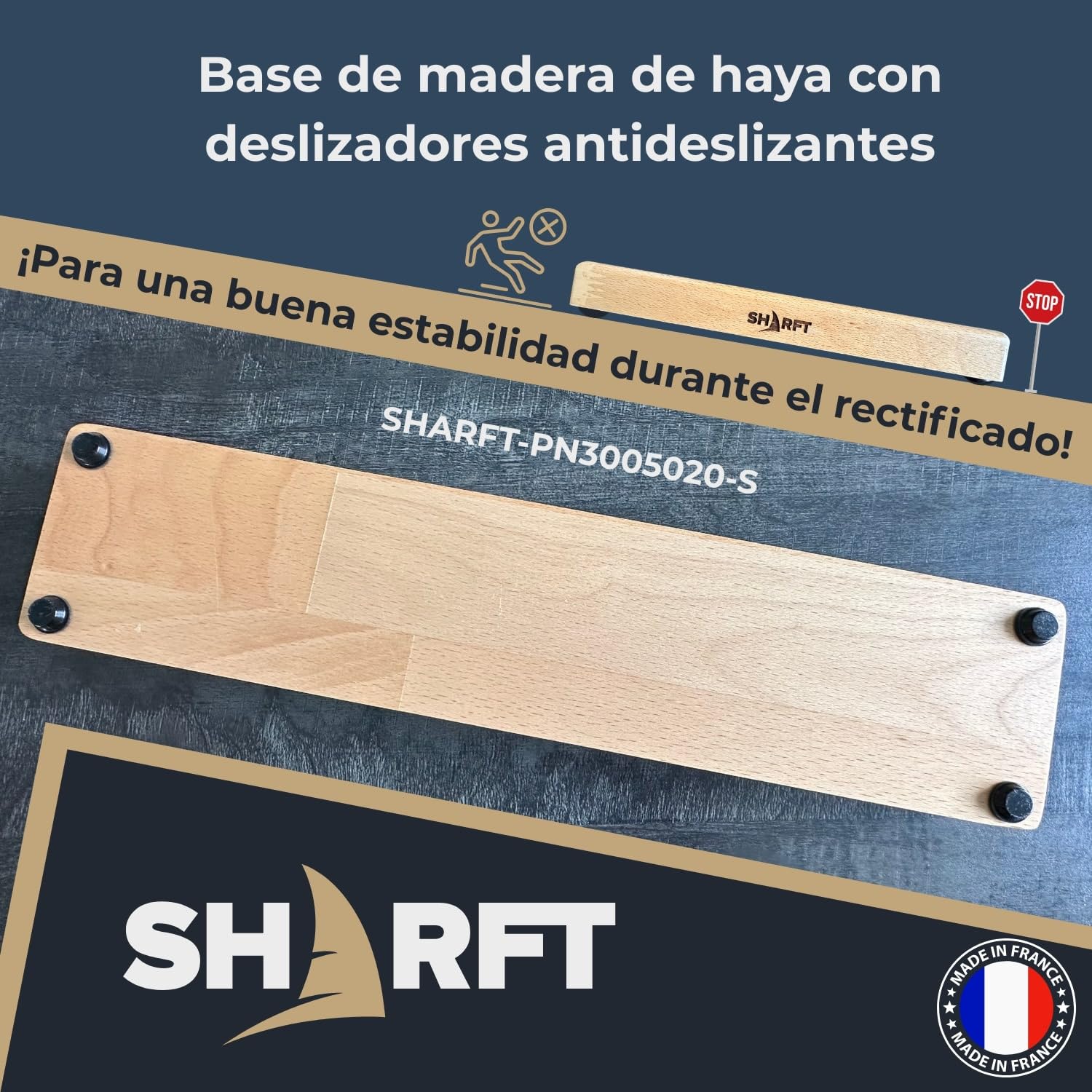SHARFT, piedra de afilar natural de los Pirineos, equivalente a grano 1000 + base de madera. Piedra de afilar de 300 mm. Afilador de cuchillos de cocina, etc. Afilador profesional. MADE IN FRANCE.