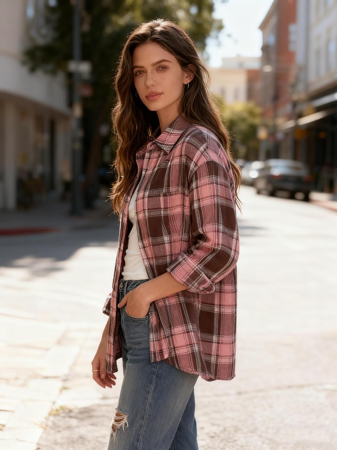 Womens Loose Plaid Button Down Shirt Casual Long Sleeve Daily Wear Soft Comfortable Top - Image 4