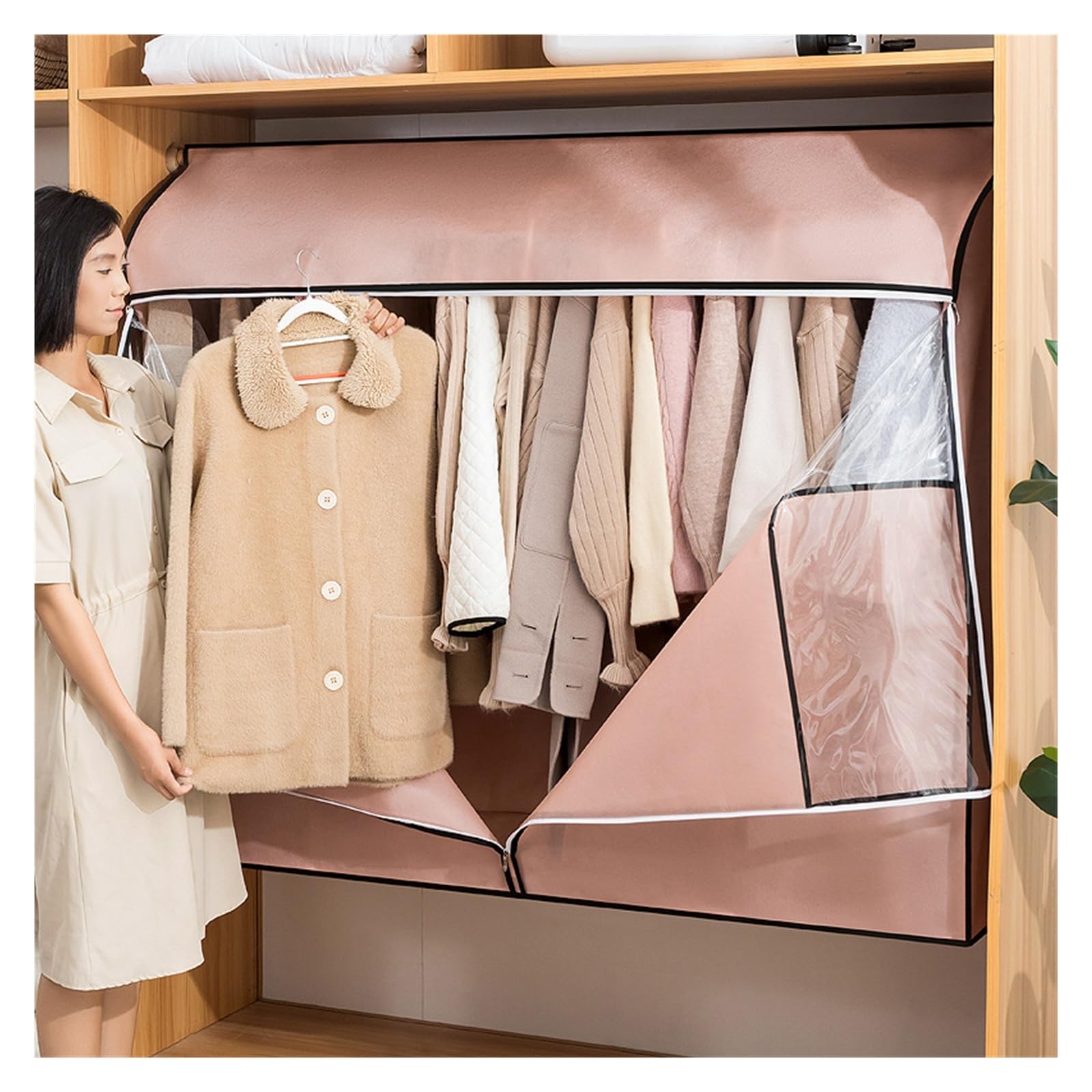 Clothes Rack Cover Non-woven Dustproof Clothes Garment Rack Cover Bags Durable Zipper/Clothing Protector Wardrobe Closet(Pink,L (60x50x120CM))