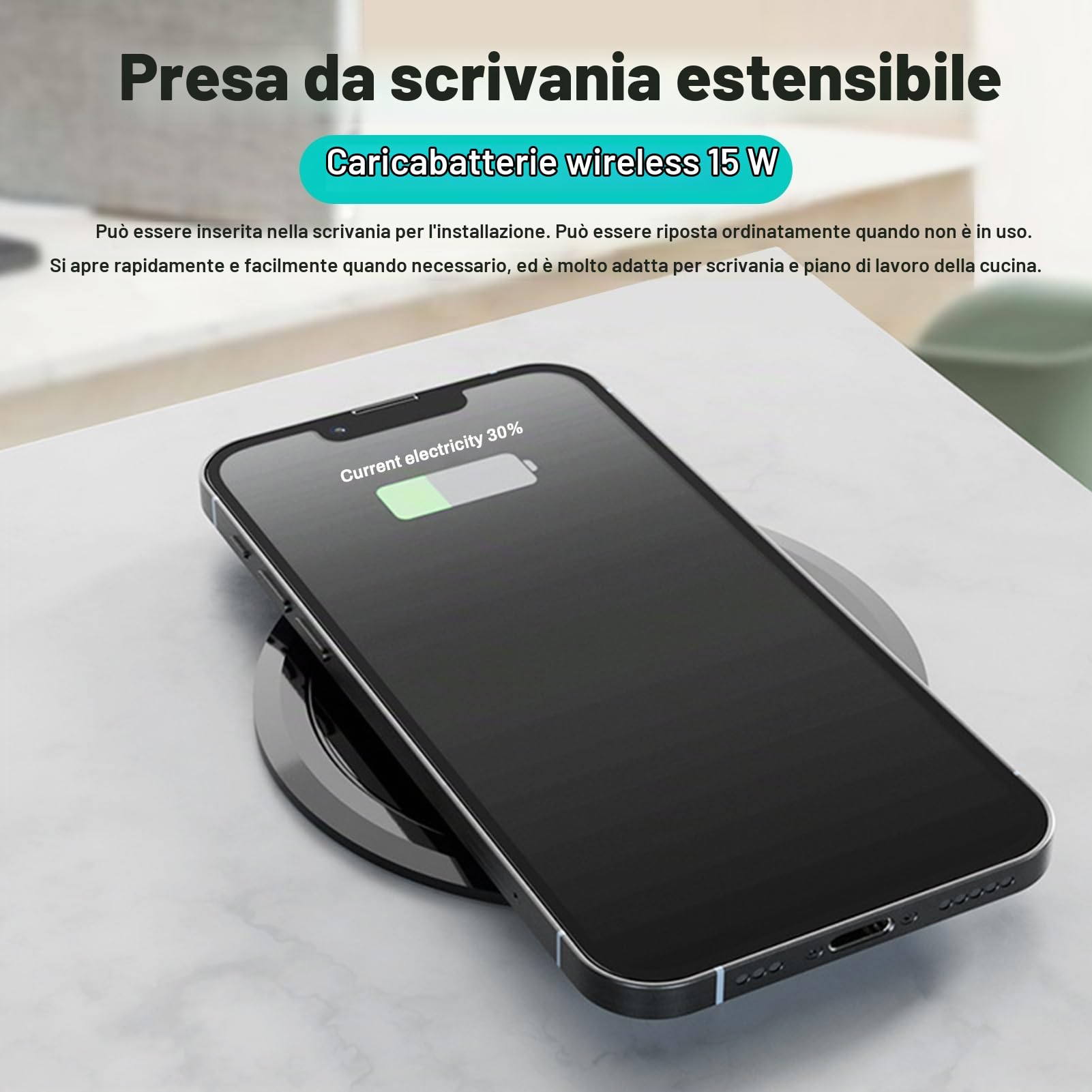 Presa Telescopica,PPresa a Scomparsa 3 Scomparti con 1 USB C 1 USB-A 2500W 16A Cavo Da 1,5M, Ciabatta Per Caricabatterie Wireless Da 15W, Adatta Per Piani Di Lavoro, Cucine, Uffici