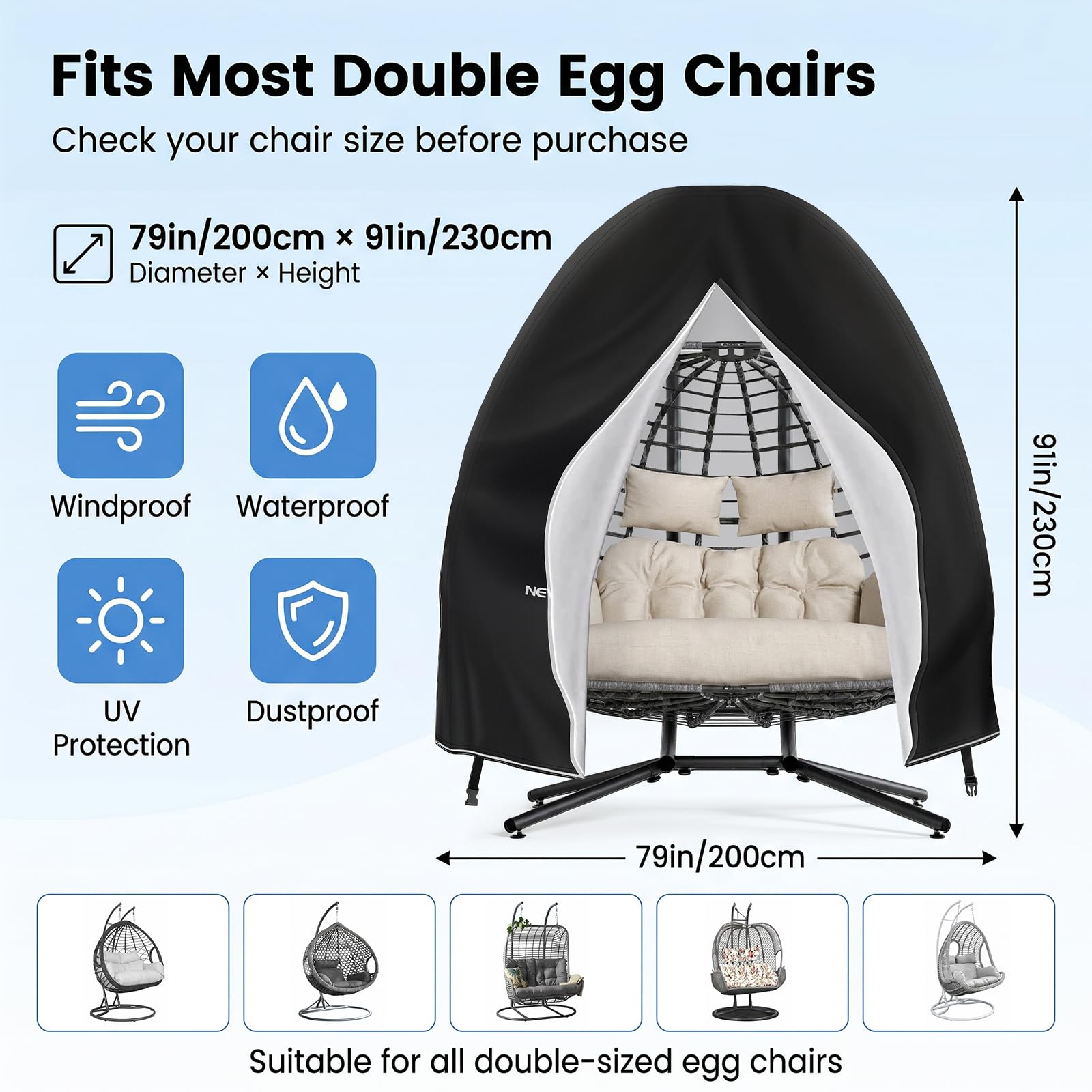 NEVERLAND Housse de Chaise Suspendue, 200 * 230CM 420D Oxford Housse de Chaise d'oeufs, Imperméable Bache de Protection pour Chaise de Jadin Extérieur Anti-UV avec Fermeture éclair