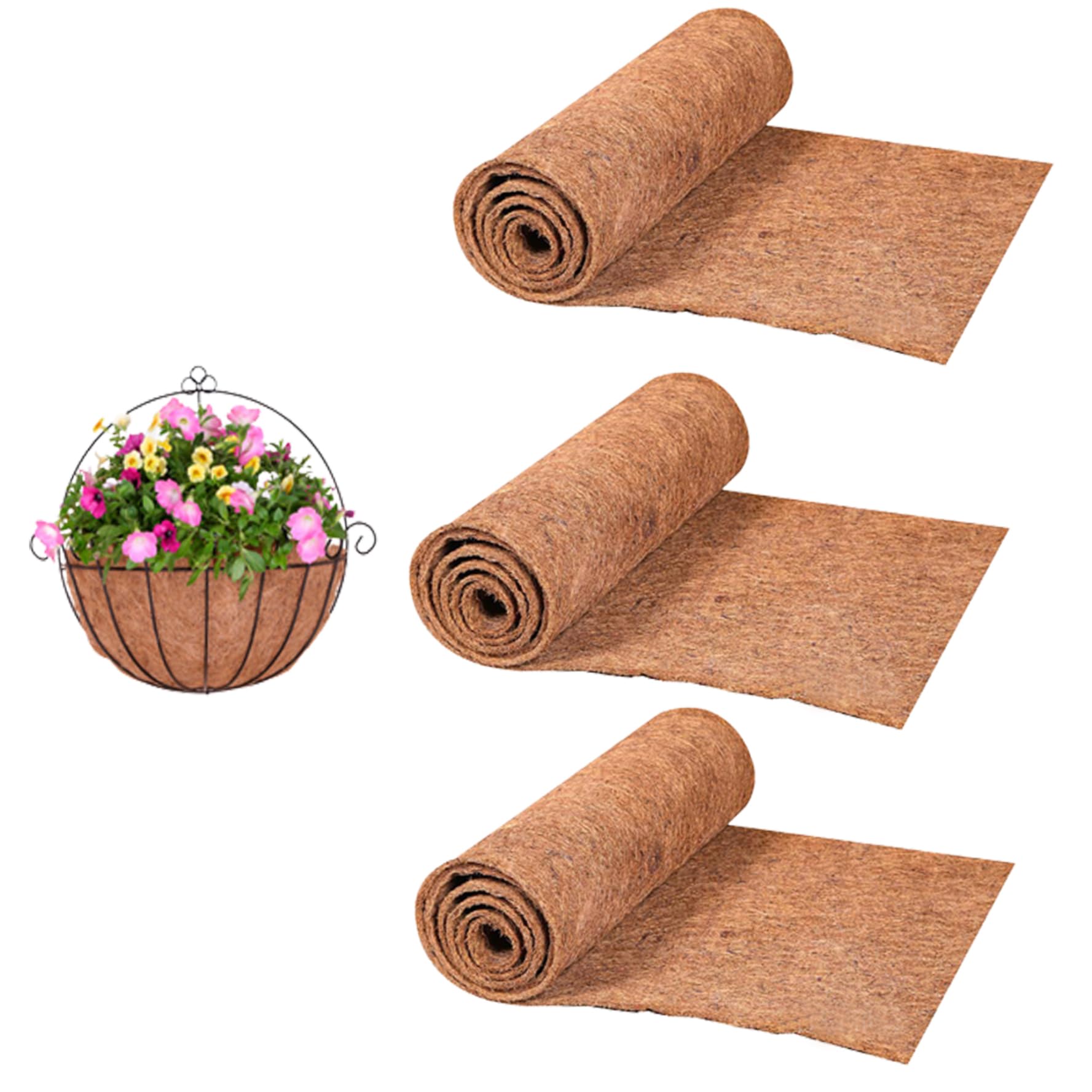 Vervevum 30*100Cm +Thickness 0.3-0.4Cm 3 Rolls Hanging Basket Liner 100X30cm Coconut Planter Liners Coconut Coir Growing Mat For Hanging Baskets Window Box, Planter Liners