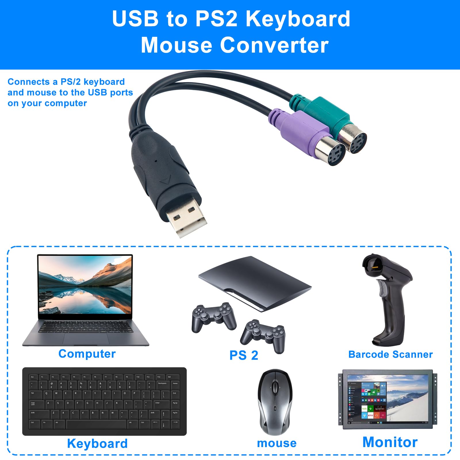 BOXOB Adaptateur PS2 vers USB, Installation Automatique Clavier USB Moniteur Ordinateur Portable Scanner de Codes-Barres Souris Adaptateur Convertisseur