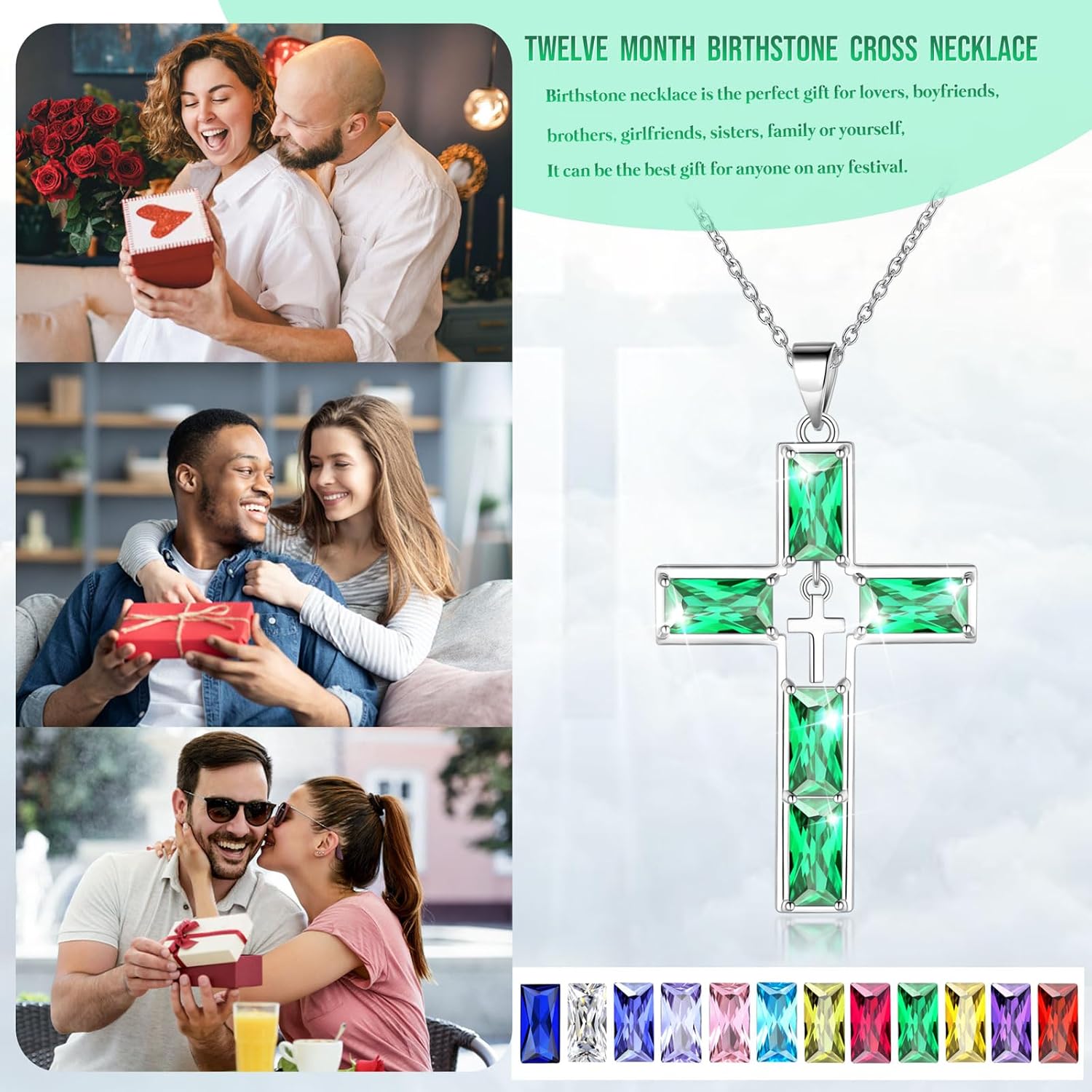 Jewmon 925 Sterling Silver 5A Cubic Zirconia Baguette Birthstone Cross Necklace for Women Mens Cross Birthstone Pendant Necklace Christmas Birthday Gifts for Mom Dad Husband Wife Couples Gifts - Image 8