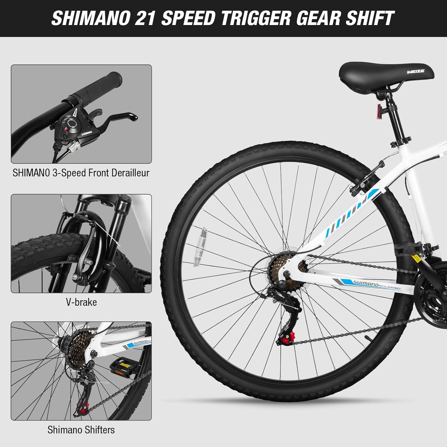 Close-up images of the Shimano 21-speed trigger gear shift components, including the 3-speed front derailleur, V-brake, and Shimano shifters.