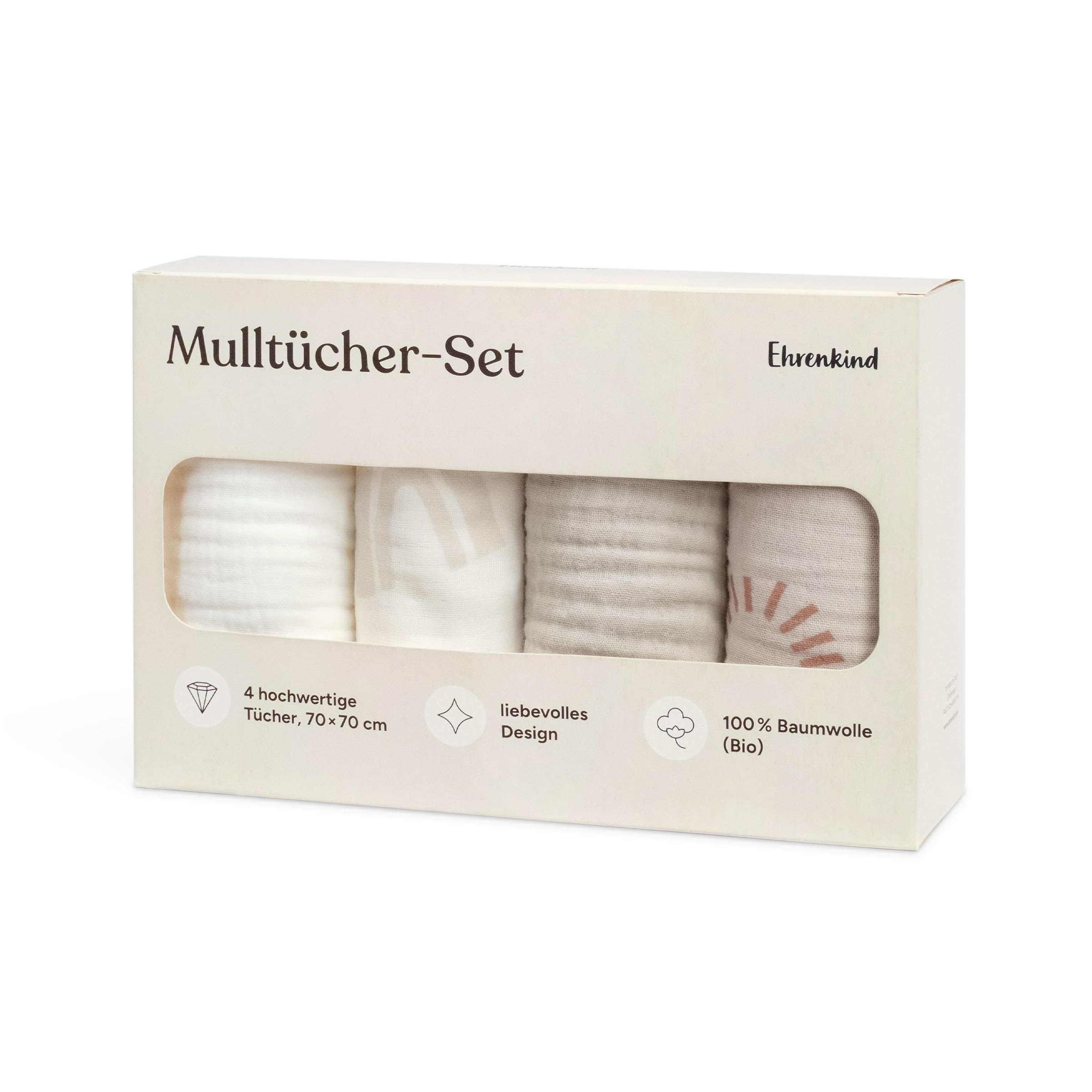 Ehrenkind® Mulltücher Baby 70x70 cm Premium Spucktücher für Neugeborene | Weiche Musselintücher im 4er-Set | Perfekt als Neugeborenen Geschenk & Baby Erstausstattung | Beige