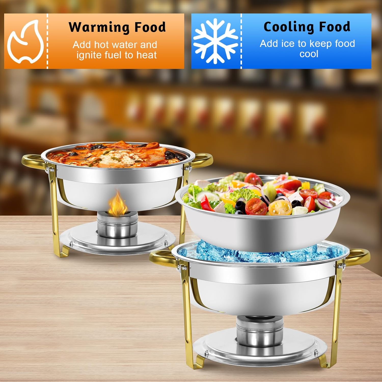 Round Chafing Dish for Buffet, Gold 2 Pack 6QT Chafer and Buffet Warmers Sets, Stainless Steel Catering Food Warmers for Wedding Parties Banquet Events