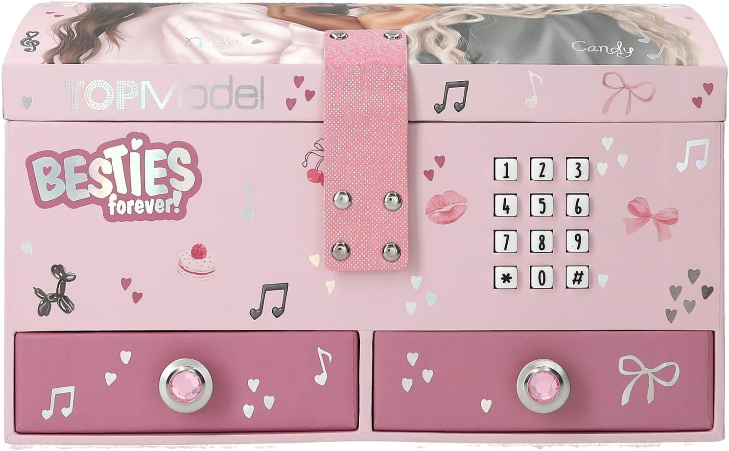 Depesche TOPModel My BFF 13724 Large Pink Jewellery Box with Model Motif and Hearts Jewellery Box with Code, Sound and Mirror