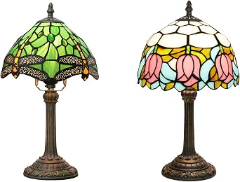 Tiffany Lamp Stained Glass Table Lamp 8X8X14 Inches Style Desk Reading Light Decor Beside Bedroom Living Room Home Dragonfly-Tulip