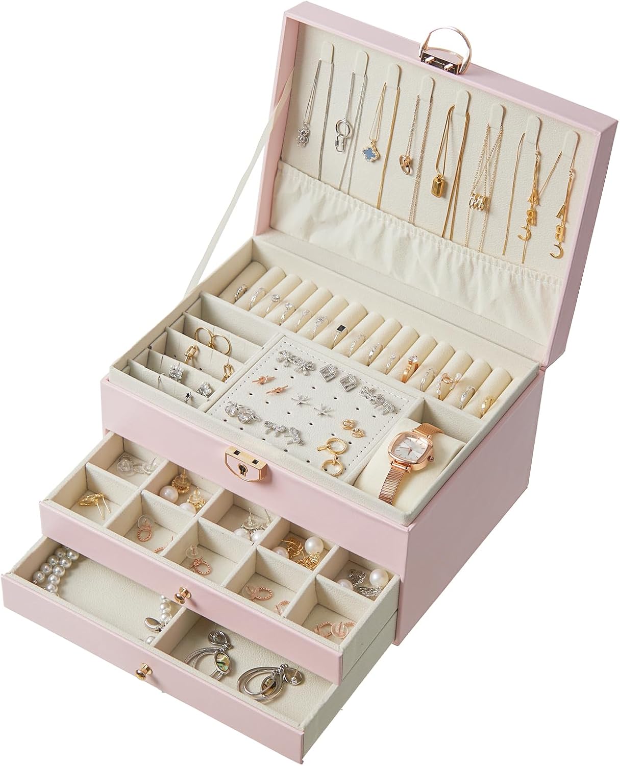3 Layer Jewelry Box with Lock, Women Large Jewelry Holder Organizer with Drawer for Necklaces, Rings, Bracelets, Earrings, Watches, Valentines Gift for Mom Girl Wife,(Pink)