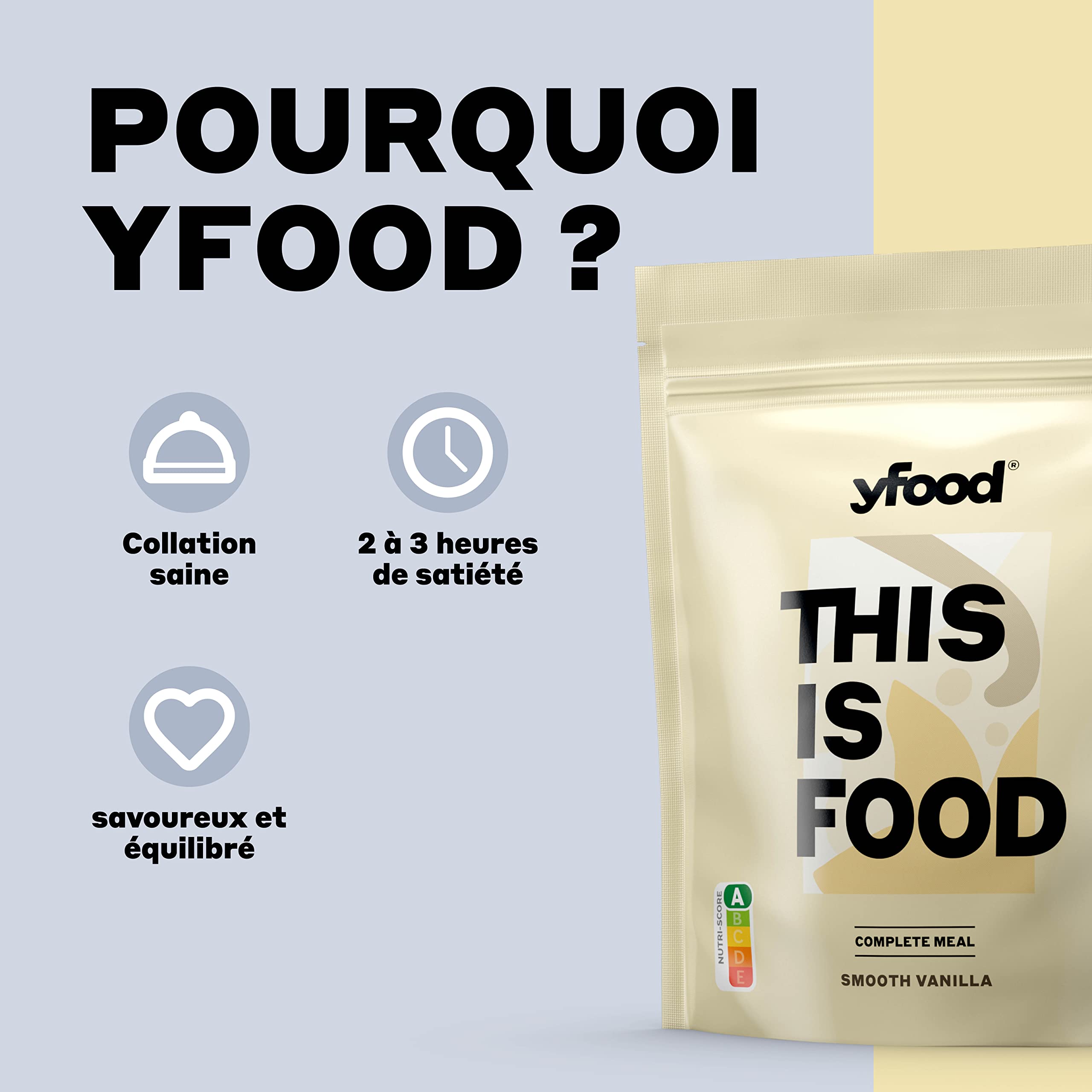 yfood poudre Smooth Vanilla, substitut de repas protéiné, THIS IS FOOD, 26 vitamines et minéraux, 17 repas par sachet de 1,5 kg, goût vanille