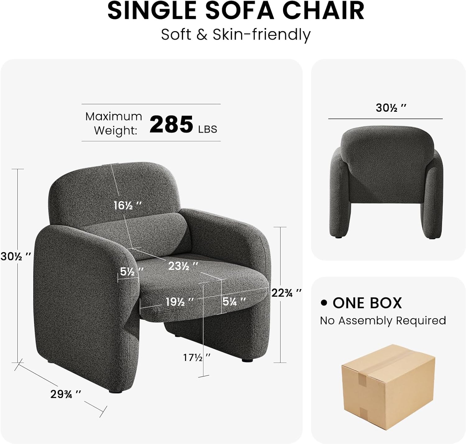Furniliving 30.5" Accent Chairs Set of 2, Chenille Fabric Living Room Chair, Comfy Upholstered Armchair Single Sofa Chair with a Waist Pillow for Bedroom/Office/Reading Spaces, Dark Grey