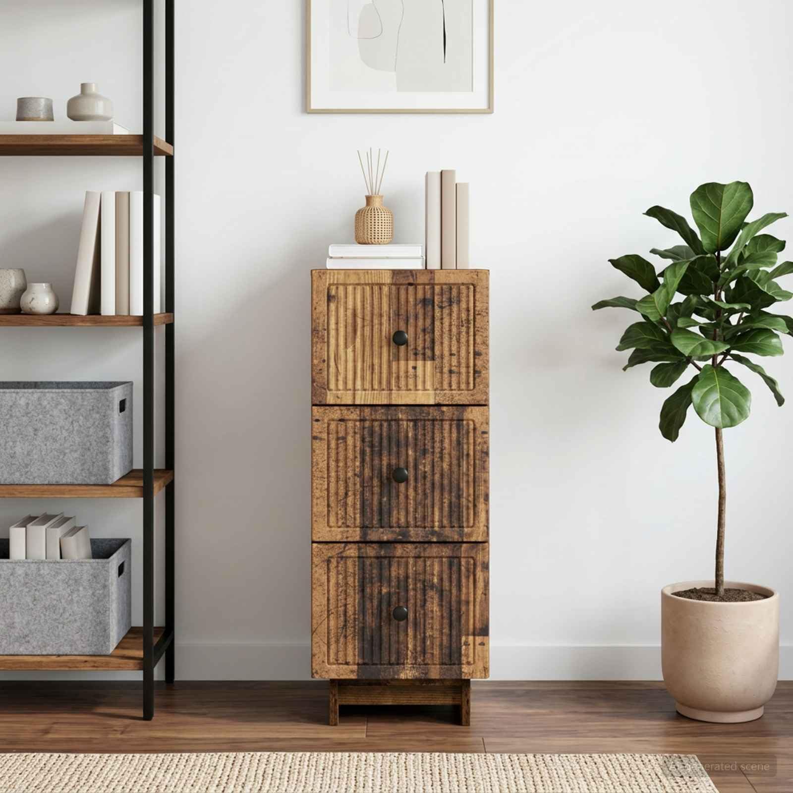 Cassettiera in legno anticato, 33 x 34,5 x 90 cm, con 3 cassetti, per casa, ufficio, corridoio, garage, officina, cantina, organizzazione, sicurezza