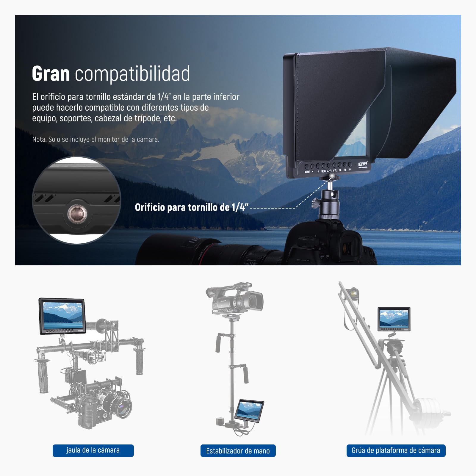 NEEWER Monitor de Campo de cámara F100 de 7 Pulgadas, Asistencia de Video HD de 450 nits, IPS 1280 x 800 HDMI 1080p con Enfoque máximo/histograma/batería F750, Cabezal de Bola de 360° para cámaras