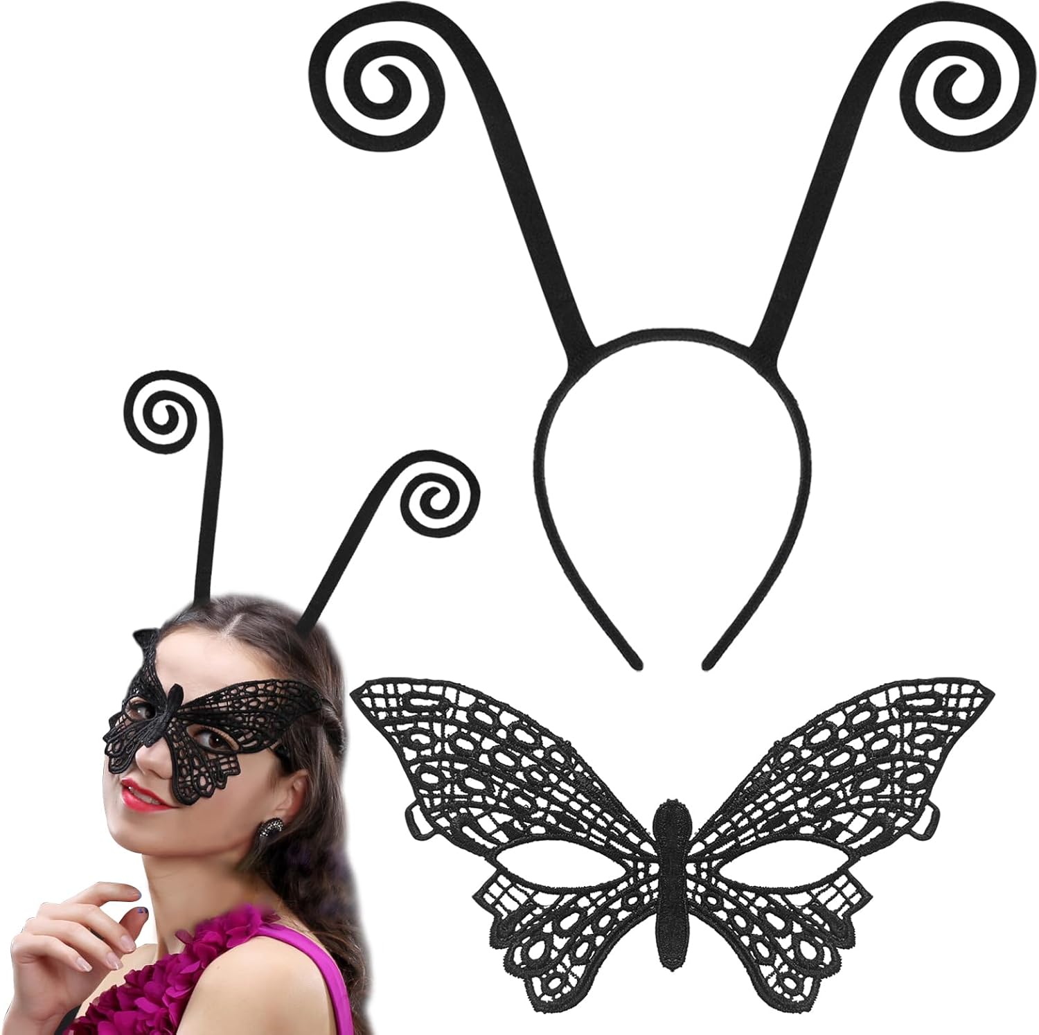 2PCS Butterfly Antenna Headband with Butterfly Lace Mask for Halloween Cosplay
