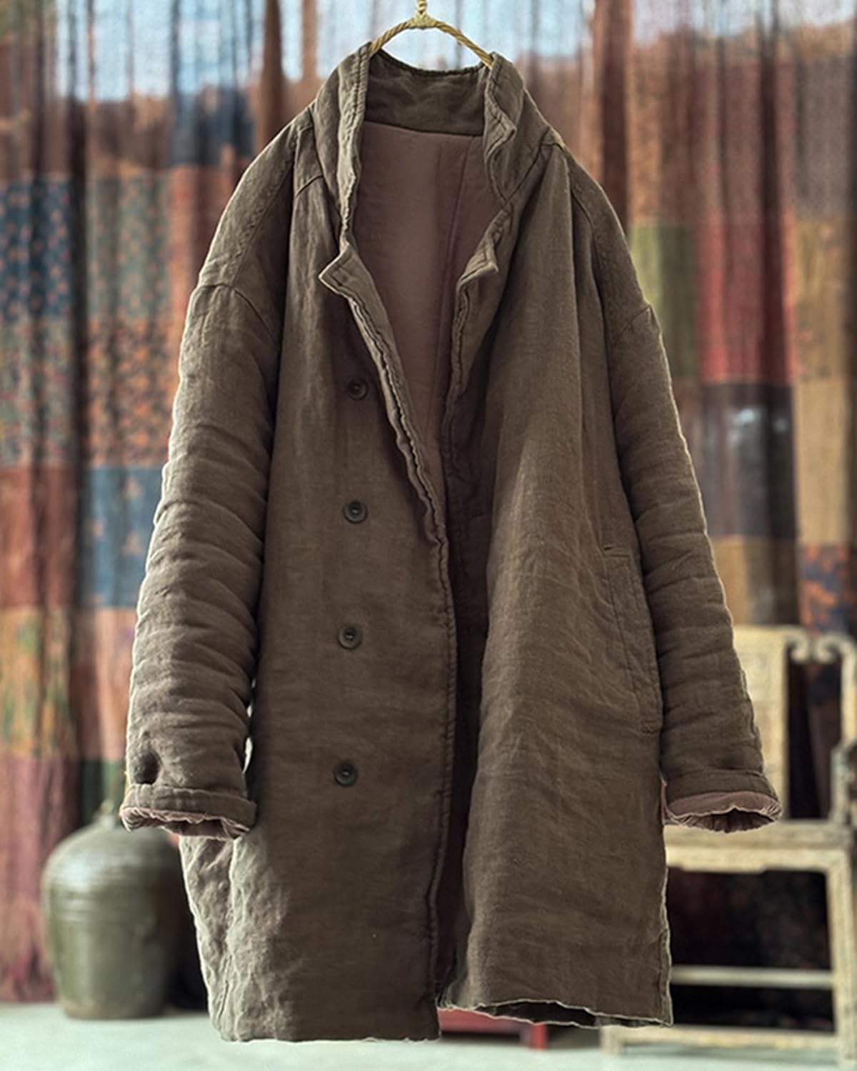 LZJN Women's Quilted Linen Lightweight Jacket Dustproof Coat Solid Color Casual Mid-Length Loose Work Outwear with Pockets