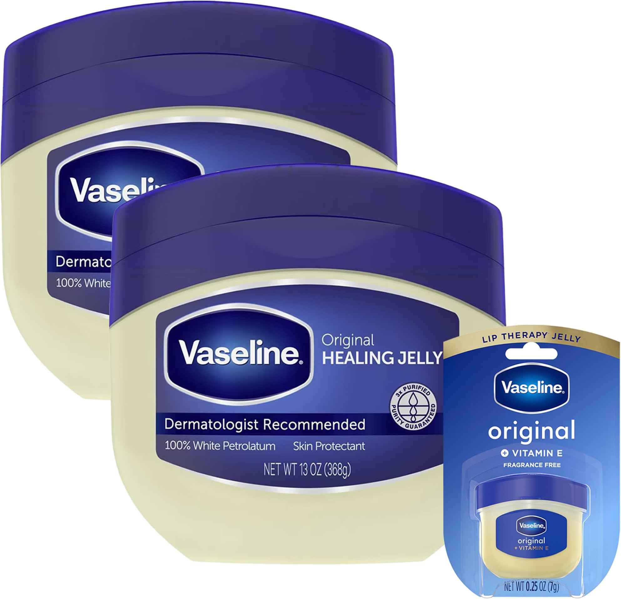 Petroleum Jelly Value-Size 2-Pack + Mini Vaseline Lip Therapy Original with Vitamin E for Soft, Smooth Skin & Lips