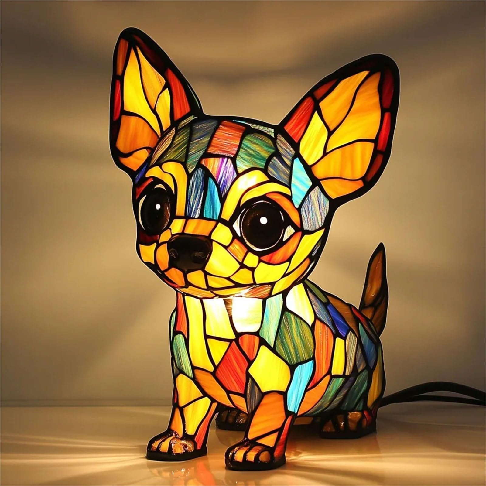 Corgi Lamp, Dachshund Lamp, French Bulldog Tabletop USB Night Light, Stained Glass LED Table Lamp for Bedside Living Room Bedroom Animal Pet Lovers Home Decoration Office Decor(Chihuahua B,7.8in)