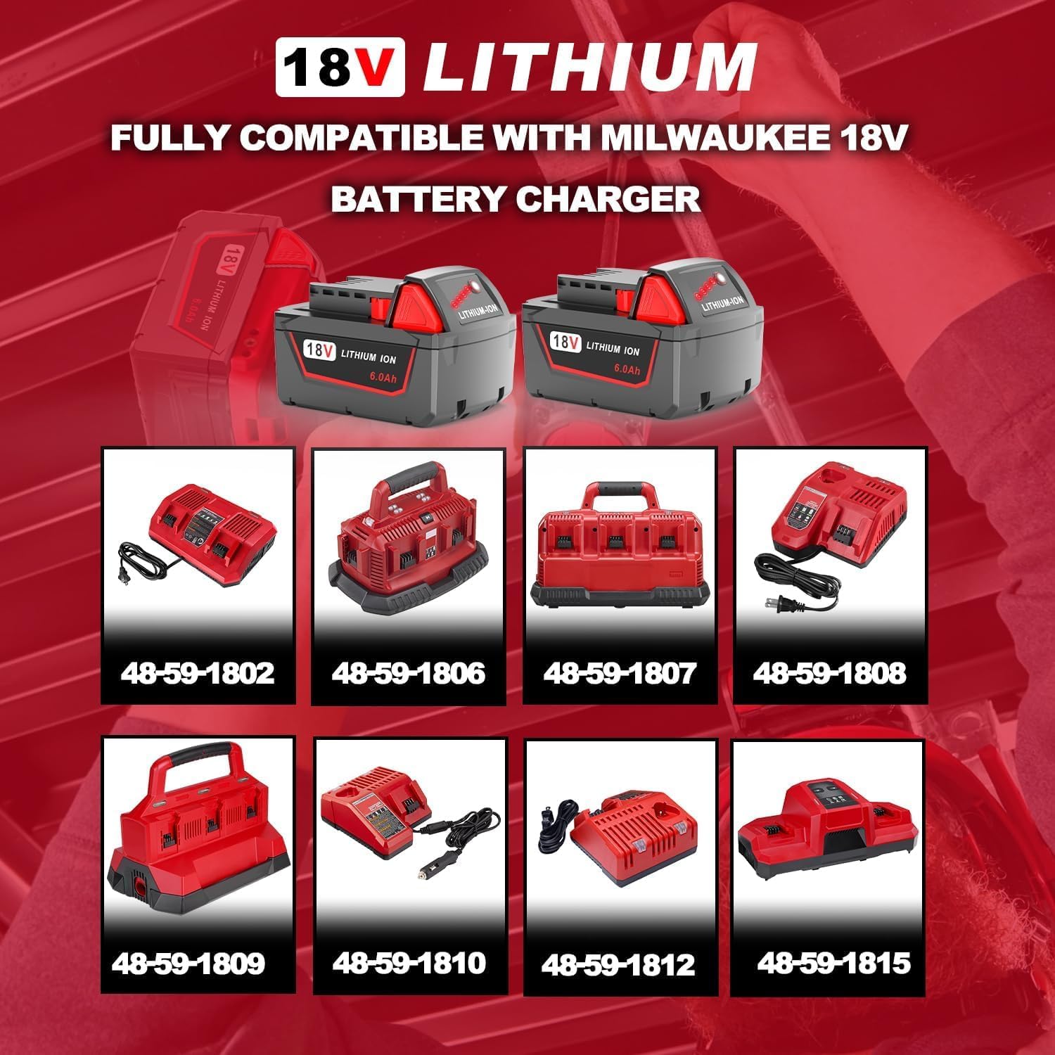 2-Pack 6.0Ah Lithium-Ion Battery Replacement for Milwaukee M18 Battery 48-11-1850 48-11-1860 48-11-1862 48-11-1865 48-11-1830, Compatible with Milwaukee All 18V Cordless Power Tools