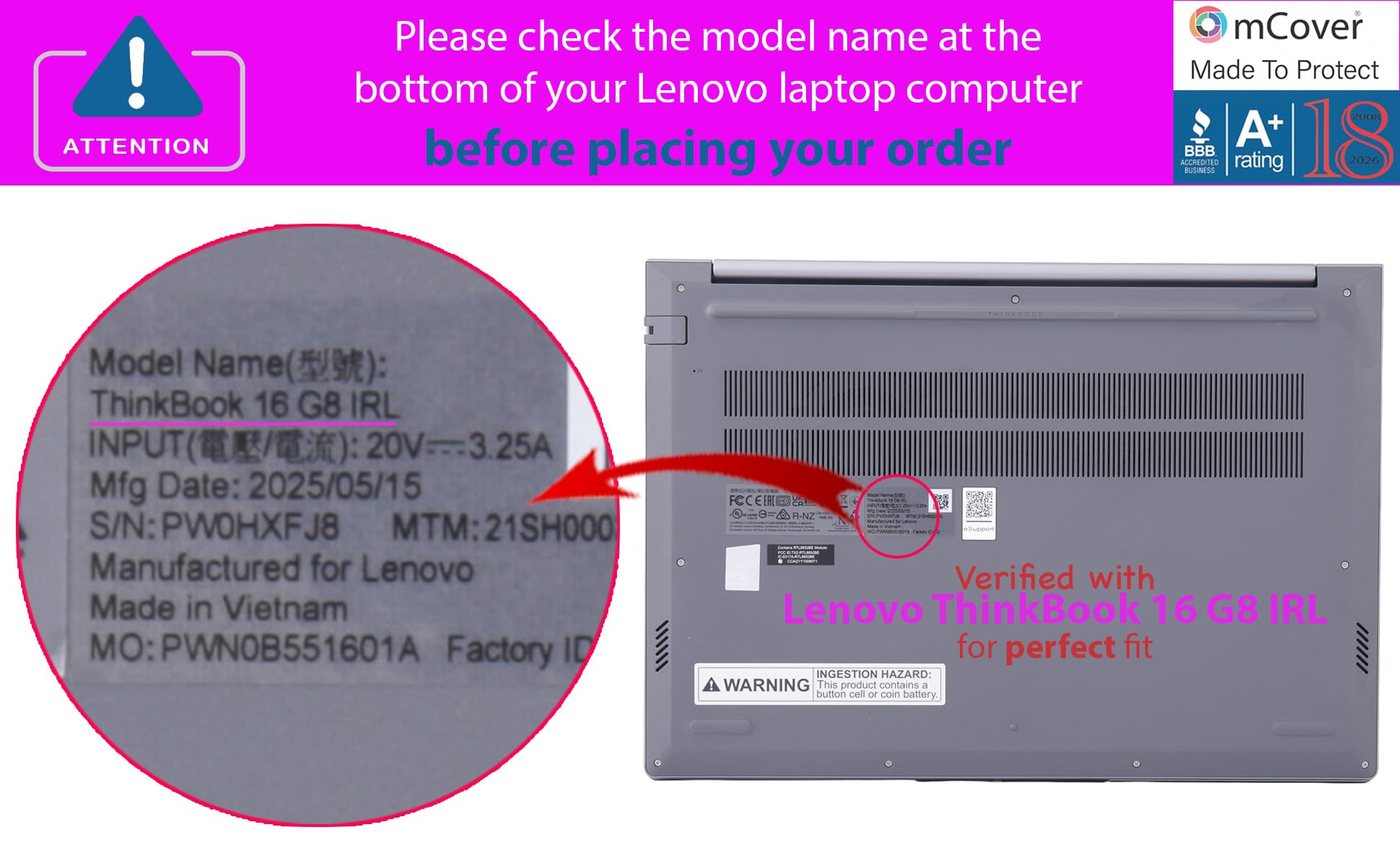 mCover Funda solo compatible con Lenovo ThinkBook 16 G6 / G7 / G8 / G9 Series 2023-2026 de 16 pulgadas (no es compatible con ningún otro modelo Lenovo), color negro