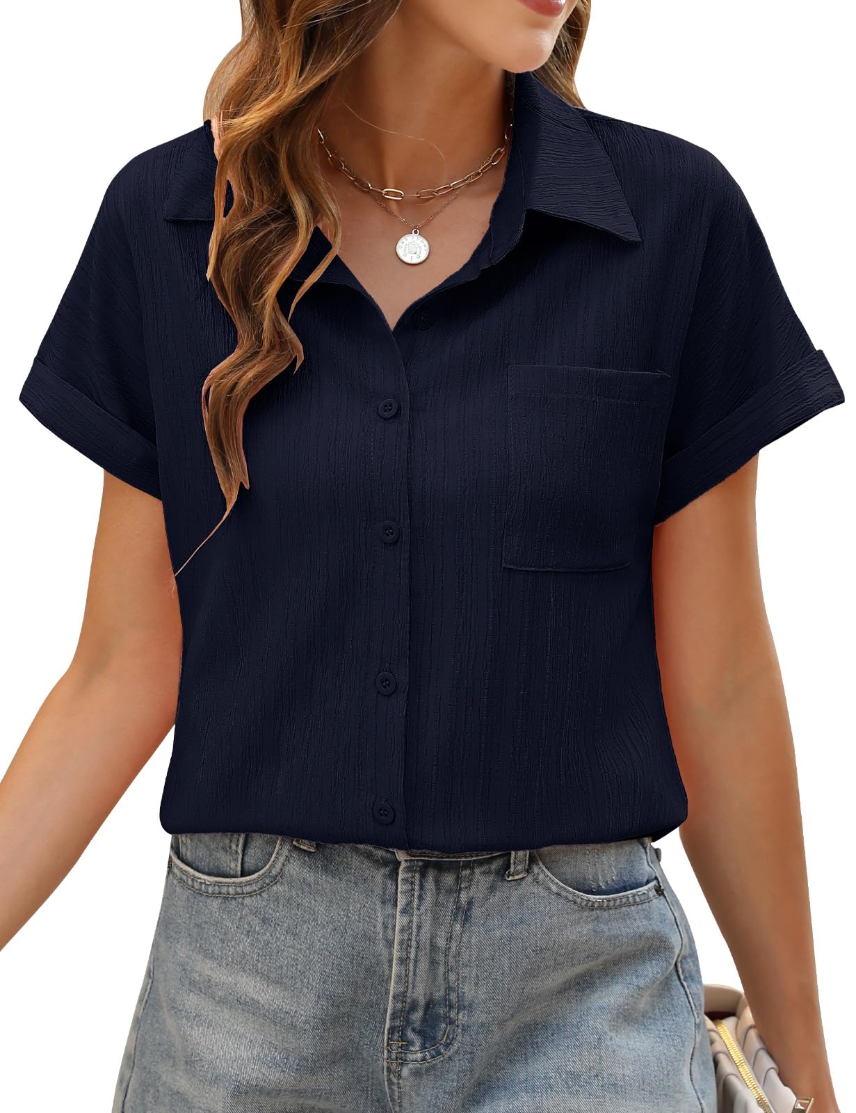 PASUDA Bluse Damen Sommer Elegant Hemdbluse Kurzarm Blusen Musselin Hemd Tunika Tops V-Ausschnitt Button-Down Sommer Oberteile Casual Basic Shirt mit Tasche Blusen