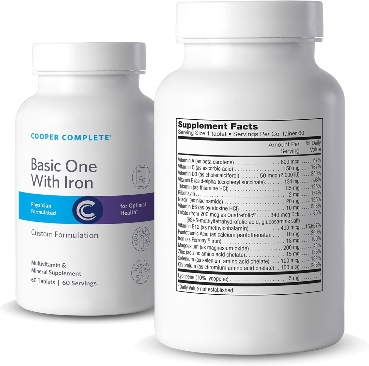 Cooper Complete Basic One Multivitamin with Iron - 60 Tablets per Bottle. Pack of 2