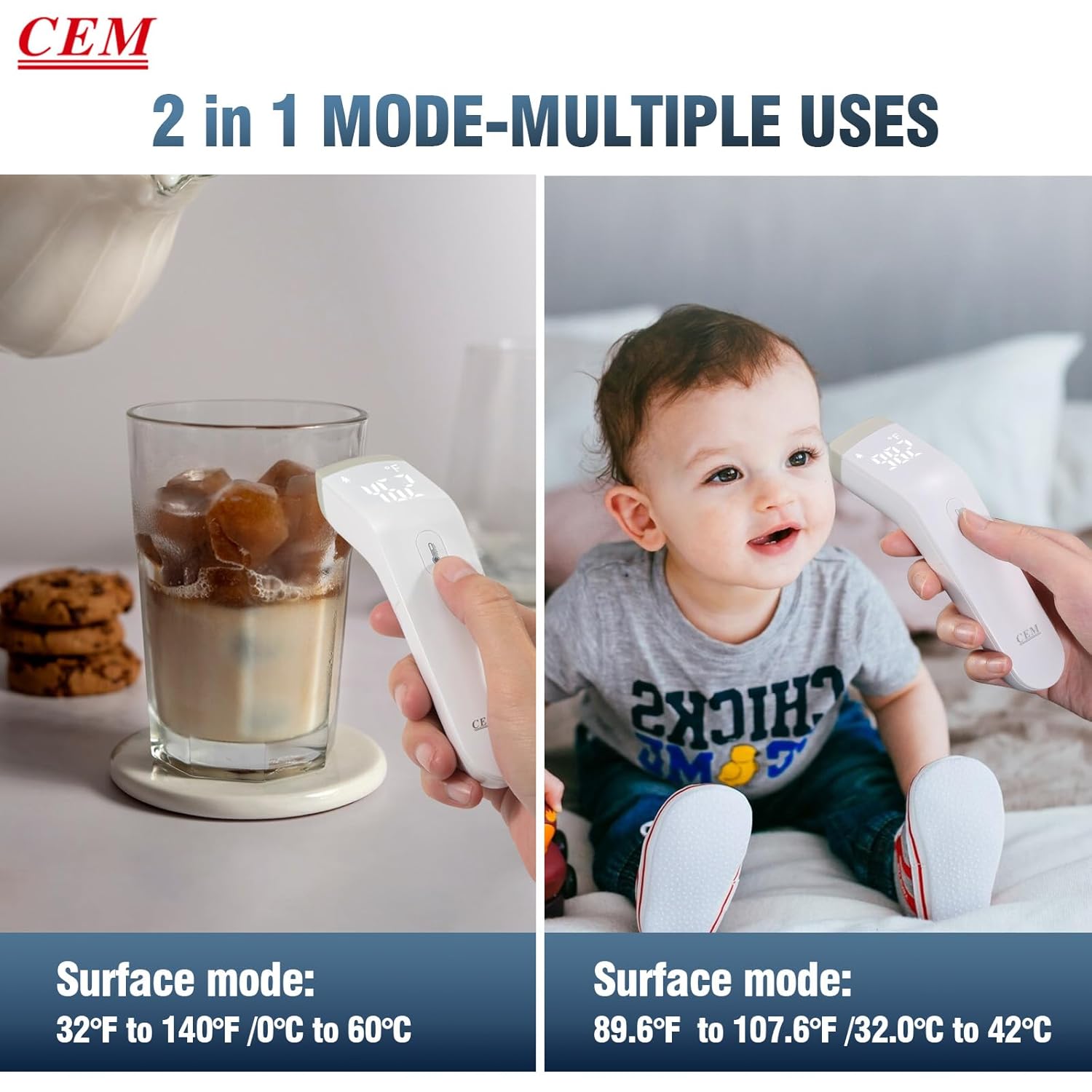 Two images showing the CEM DT-8807S thermometer in use: one measuring the temperature of a drink in a glass (Surface mode), and another measuring a baby's forehead temperature (Body mode).
