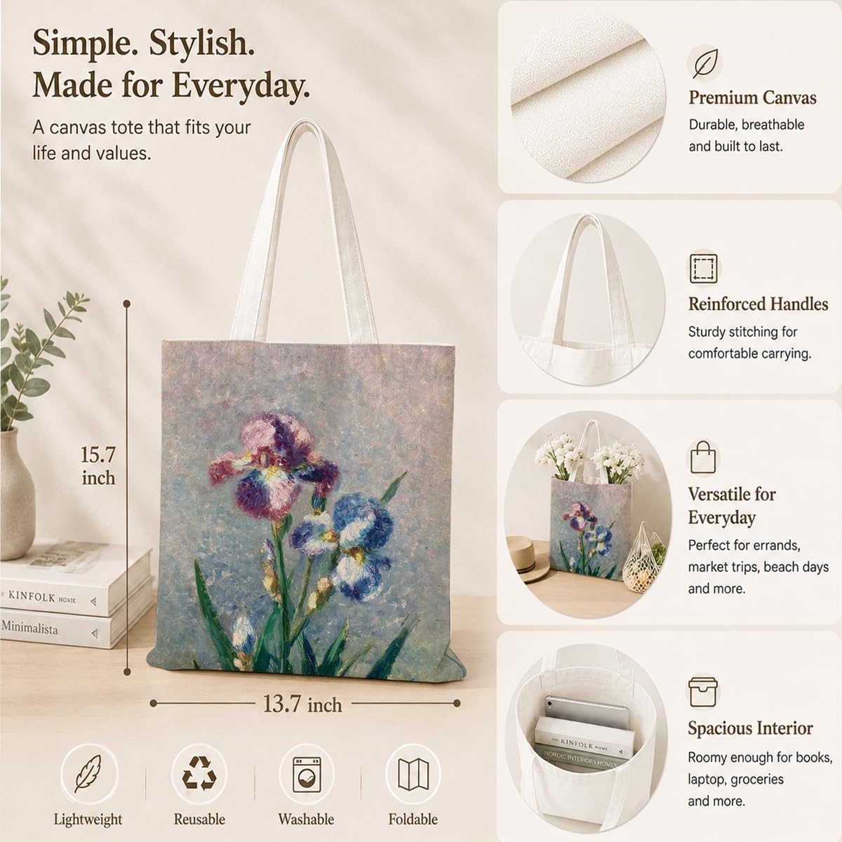 Floral Canvas Tote Bag with Flower Print, Reusable Shoulder Bag for Women, Unique Gift for Friend Sister Family image 4
