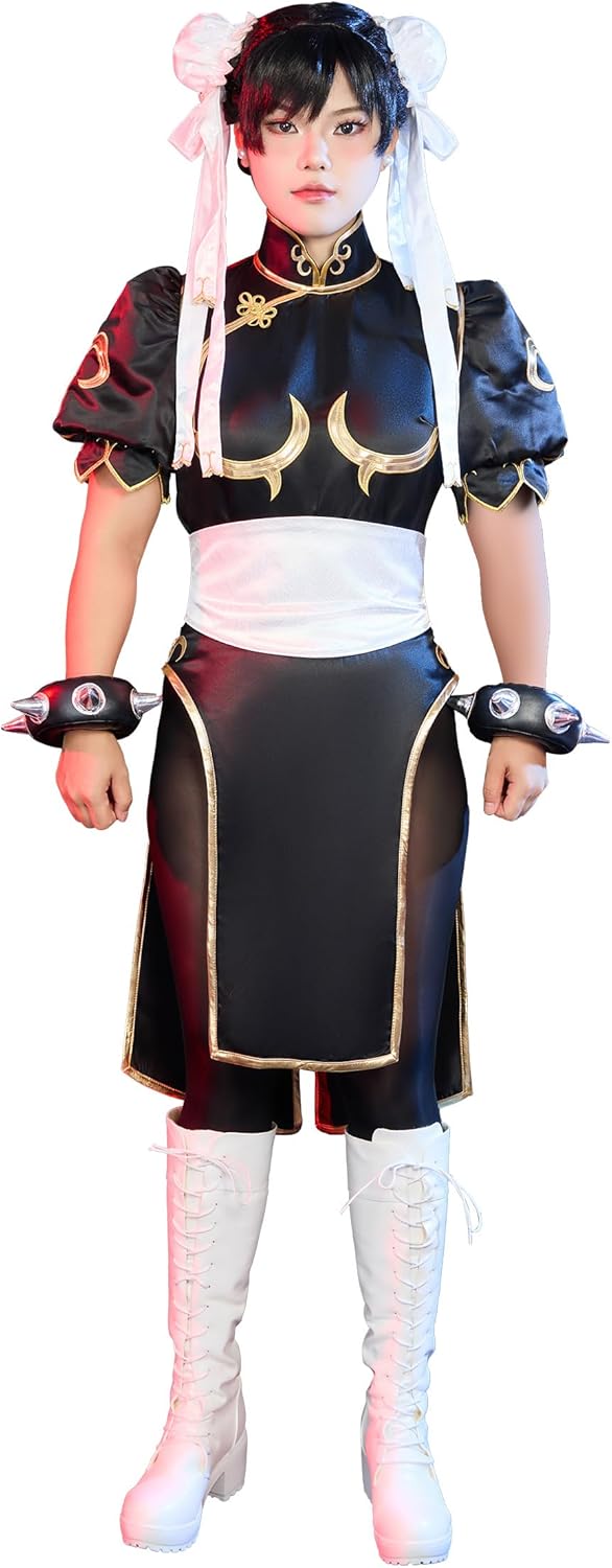 Micotaku Street Fighter Officially Licensed Women's Deluxe Classic Chun Li Black Cosplay Costume Golden Embroidery - Image 2