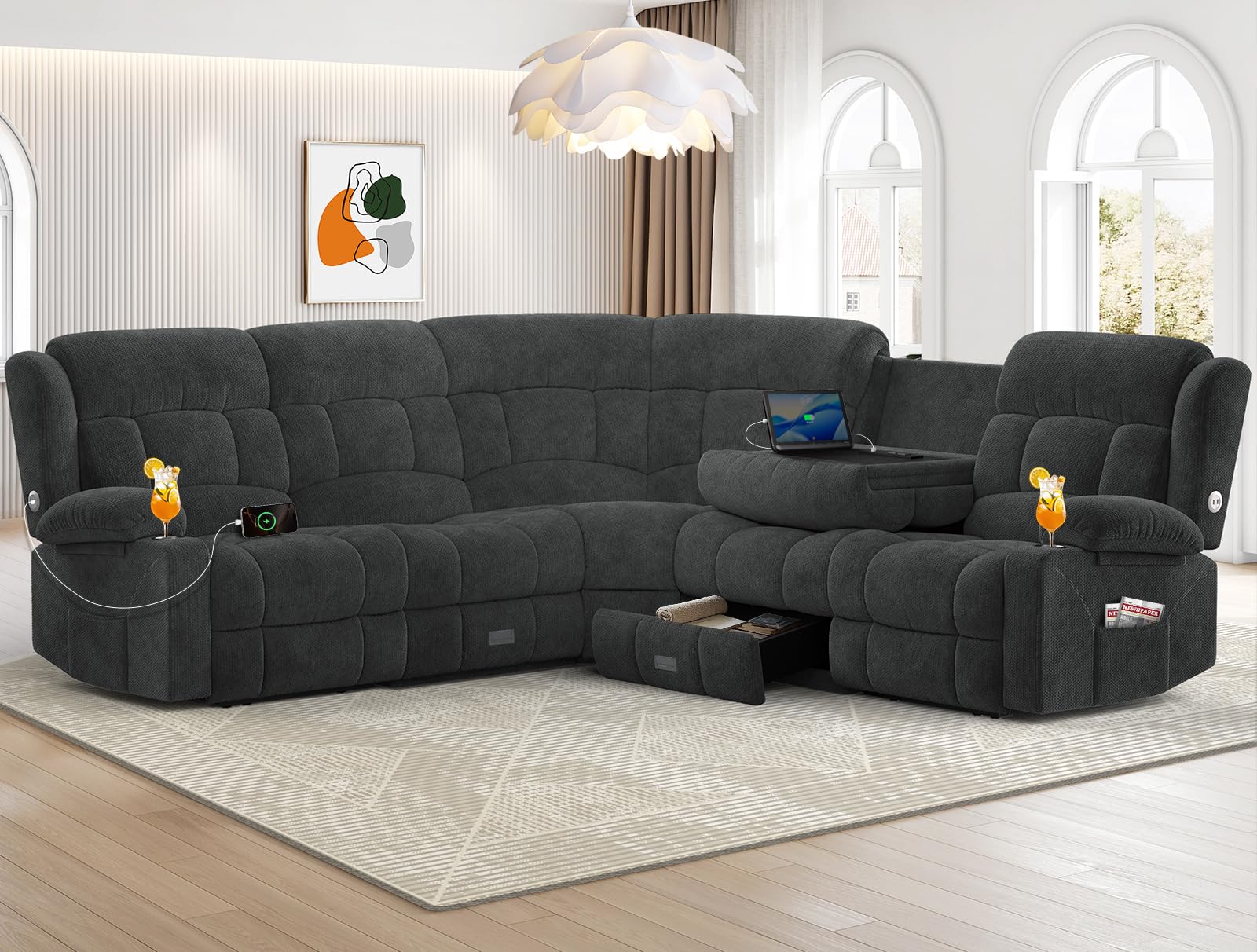 L-Shaped Recliner Sectional Sofa, 5 Seat Reclining Corner Couch Velvet Gray