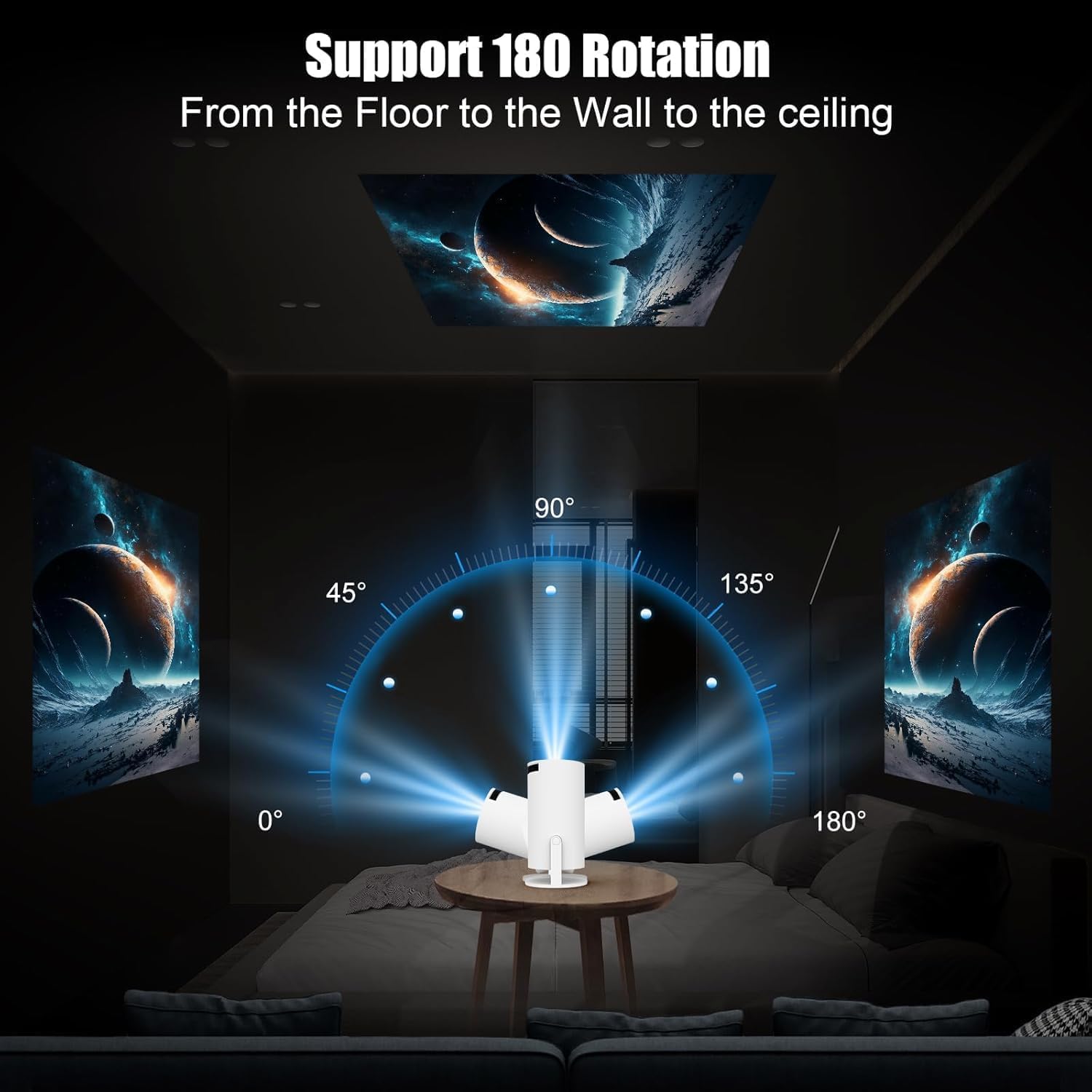 Mini proiettore 4K Supporto Android 11 2 GB RAM 16 GB ROM WIFI 6 BT 5.4 40"-130'' Proiezione Correzione Automatica della Distorsione Trapezoidale Proiettore Girevole a 180° (Bianco)