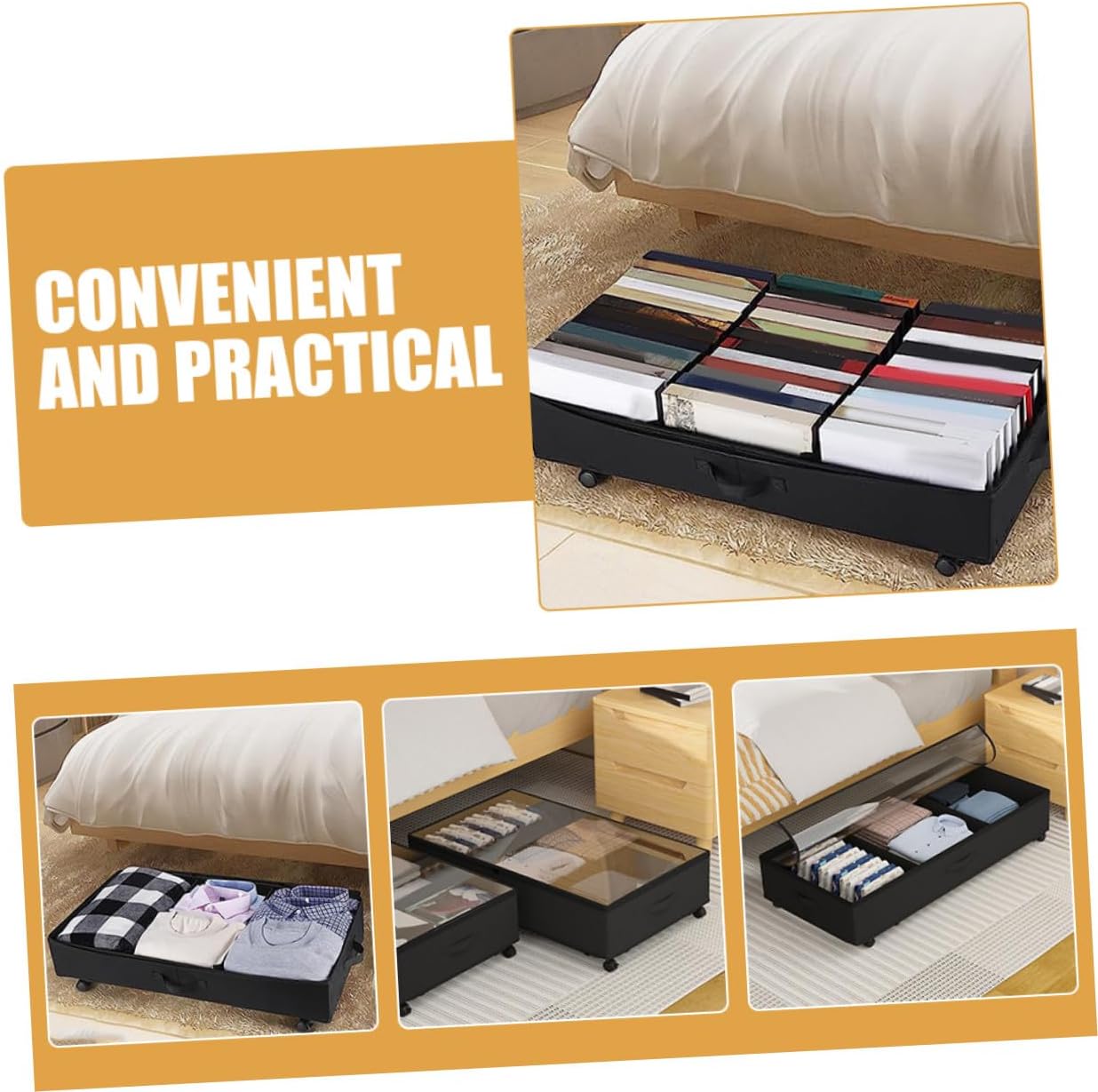 Bed Storage Organizer Bin with Wheels, 3-grid Oxford Fabric Clothes Storage Box, Large Capacity Dustproof Quilts and Organizer for Bedroom