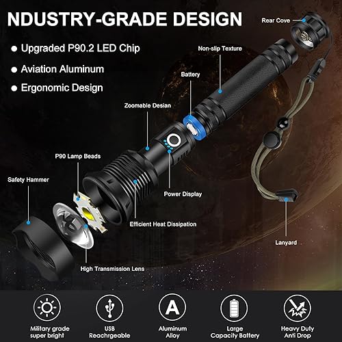 Miniatura 7 de MAOKE BOLE Linternas recargables de 90000 lúmenes, linterna LED súper brillante, altos lúmenes con cable USB, 5 modos, linterna impermeable, potente