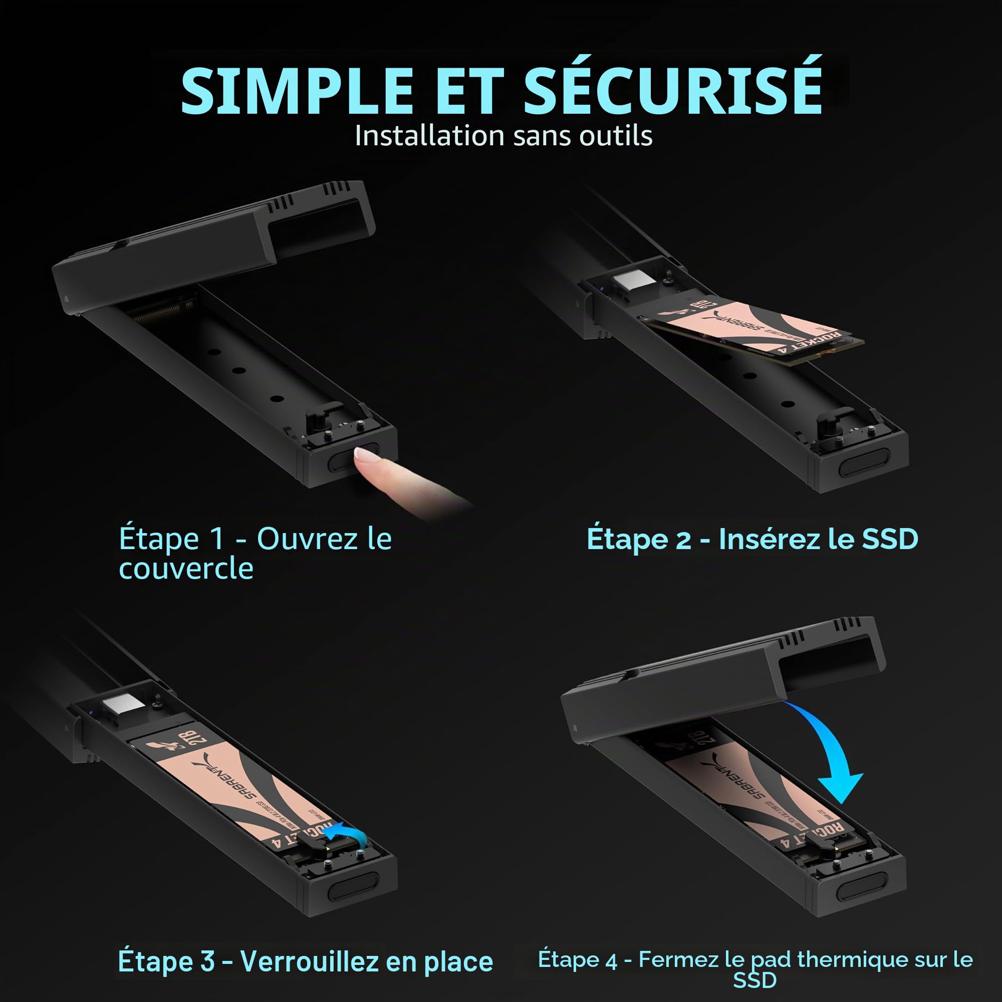 SABRENT Boîtier NVMe USB C, boîtier SSD M.2 sans Outils pour 2230-2280, Adaptateur USB 3.2 Gen 2 10 Gbit/s, Refroidissement en Aluminium, boîtier de Disque Dur Externe M.2 pour SSD NVMe (EC-PNVO)