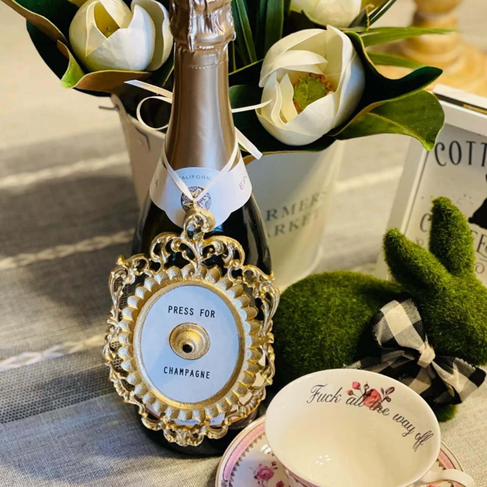 Ring Mini Press For Champagne Button – Vintage Retro Champagne Wine Doorbell, Antique Finish Decorative Bell For Home, Bar, Or Party Decor (Gold/White, Non-Sounding)