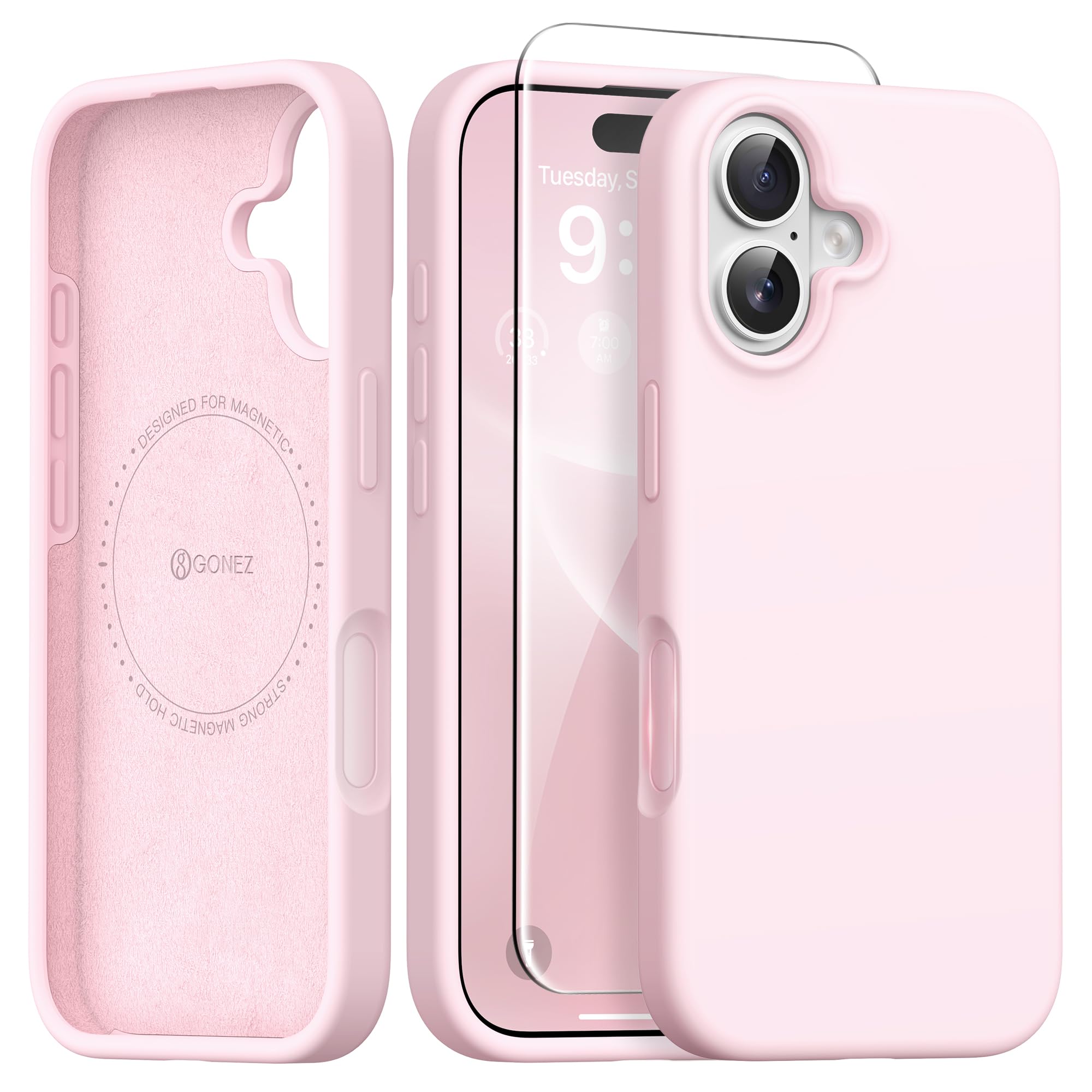 Photo 1 of GONEZ Magnetic for iPhone 16 Case, [Compatible with MagSafe] Anti-Scratch Microfiber Lining & Screen Protector, Silicone Camera Control, Shockproof Slim Phone Cover 6.1 inch, Chalk Pink
