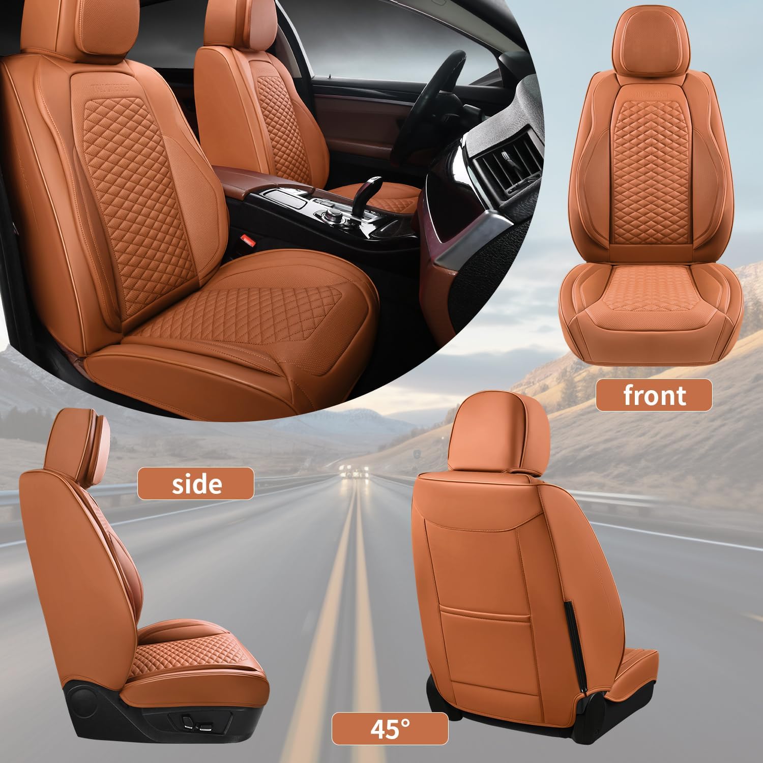 Car Seat Covers Full Set, Leather Seat Covers for Cars, 2 Packs Breathable Seat Cover, Suitable for SUV/Truck/Sedan/Automotive (Brown)