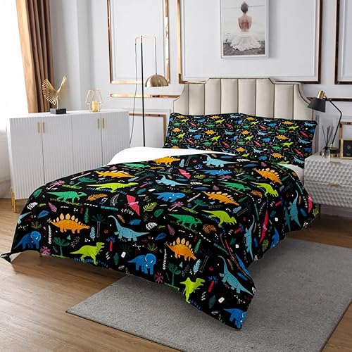 Juego de ropa de cama de 3 piezas de dinosaurio para mujer, ropa de cama ligera de árboles y hojas, juego de colcha de animales coloridos, colcha de