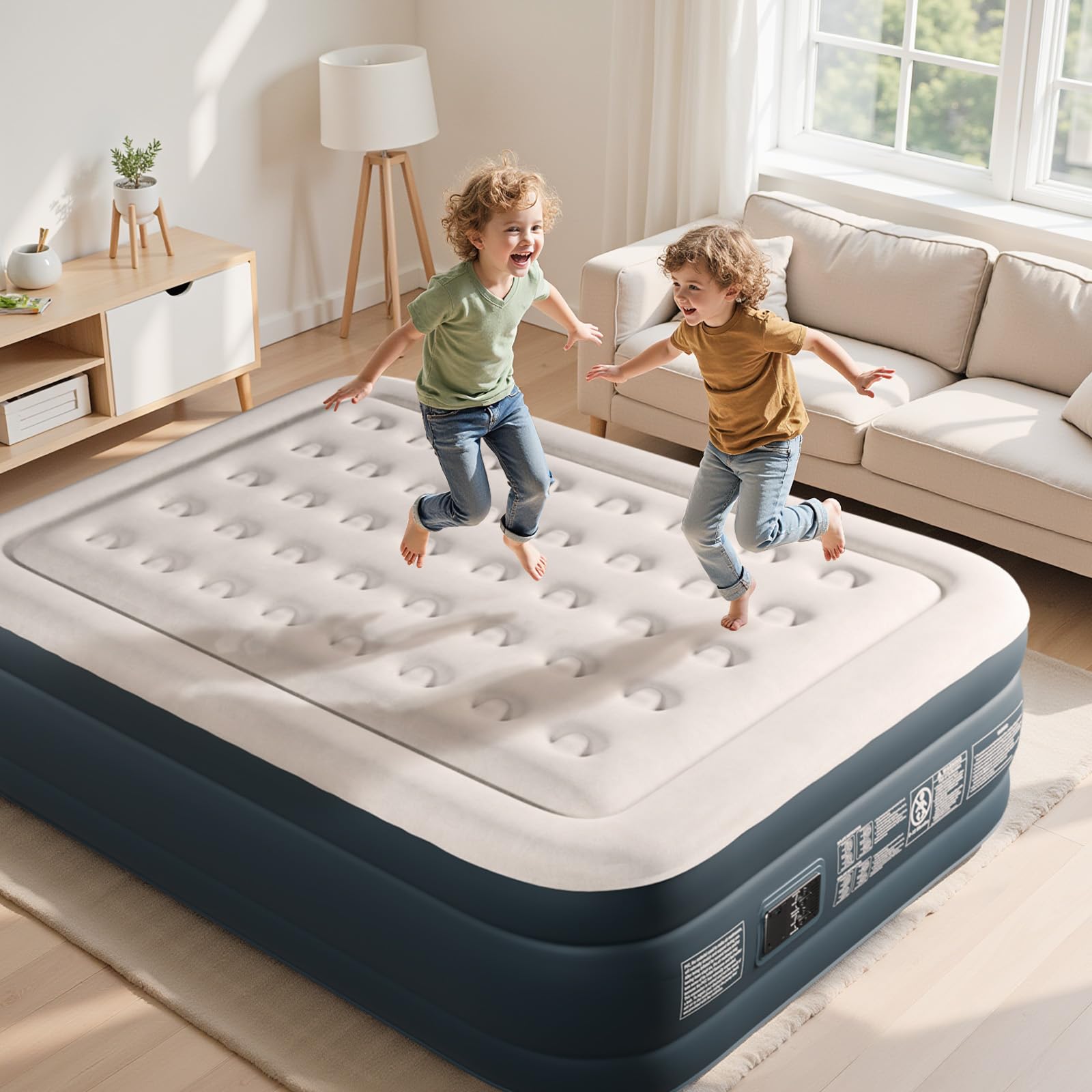 Bonnlo Matelas de Camping Pliable avec Pompe électrique, Matelas Gonflable Autogonflant avec Surface en Velours, pour 2 Personnes (Gris-Blanc et Gris Foncé, 203 x 152 x 45 cm)
