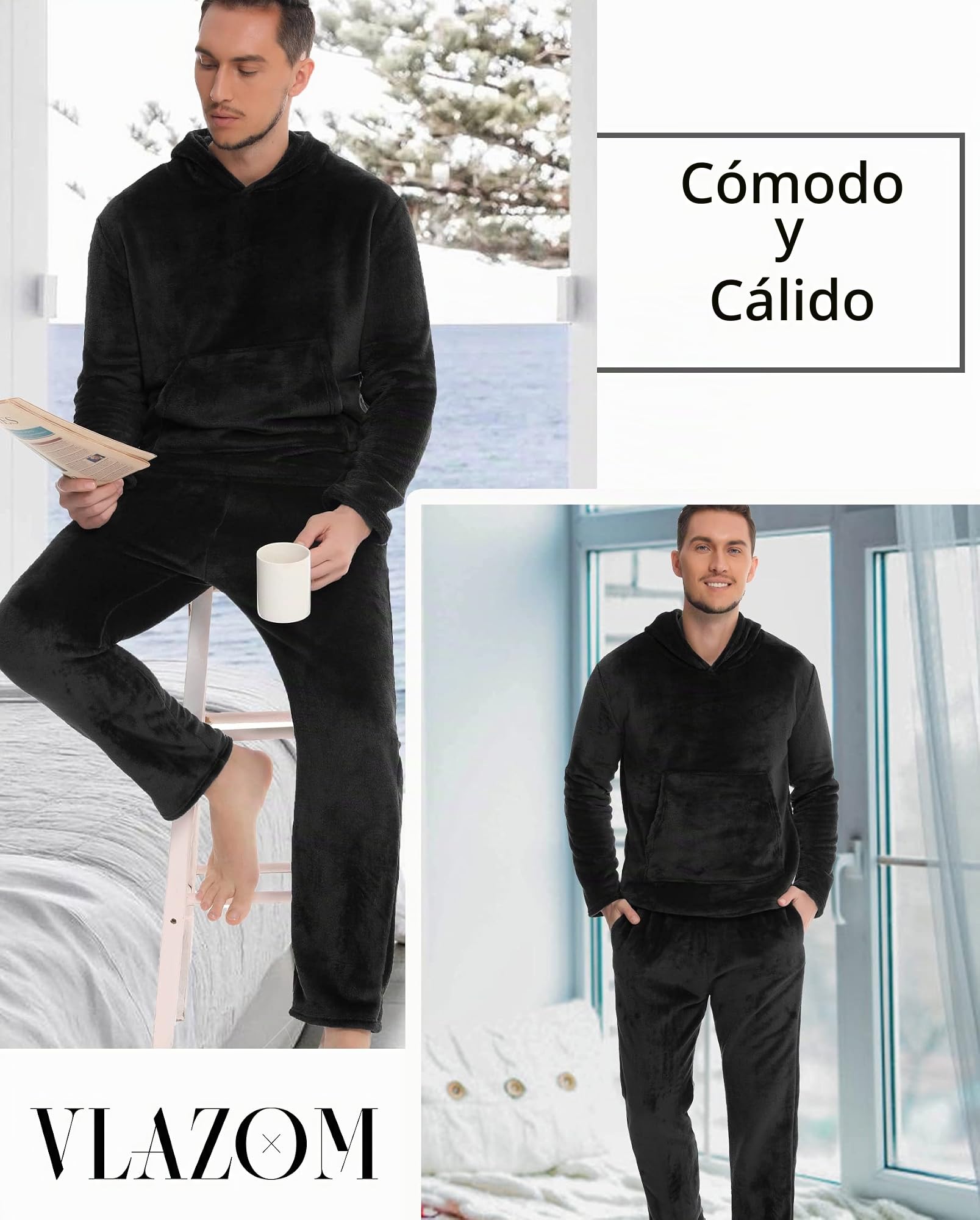 Vlazom Pijama Hombre Invierno Polar Pijamas para Hombre de Franela con Capucha S-XXL