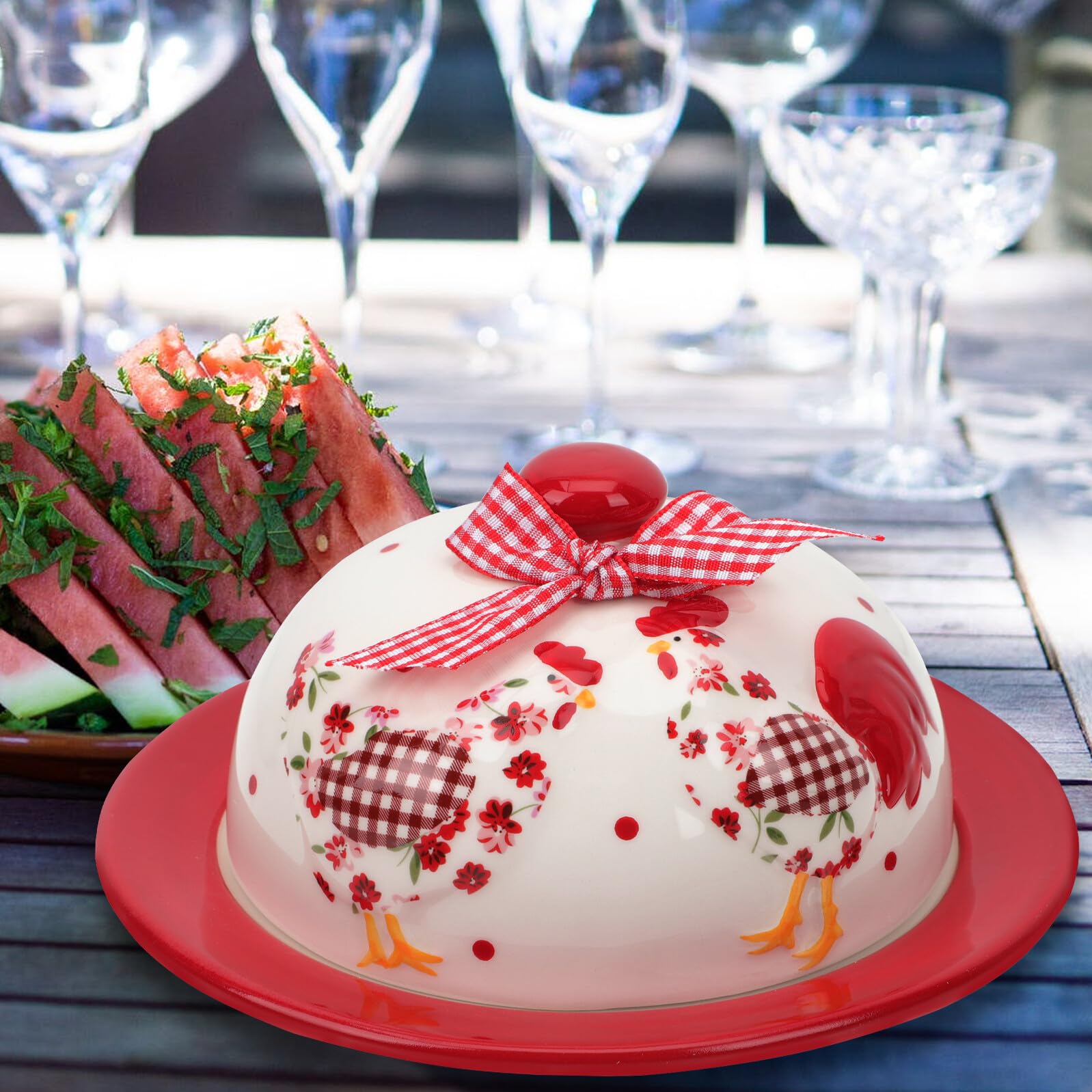 SEWACC Beurrier en Céramique Rouge à Motifs Floraux en Relief Plat à Fromage Créatif pour Beurre et Dessert Récipient Pratique pour Occasions Familiales et Fêtes