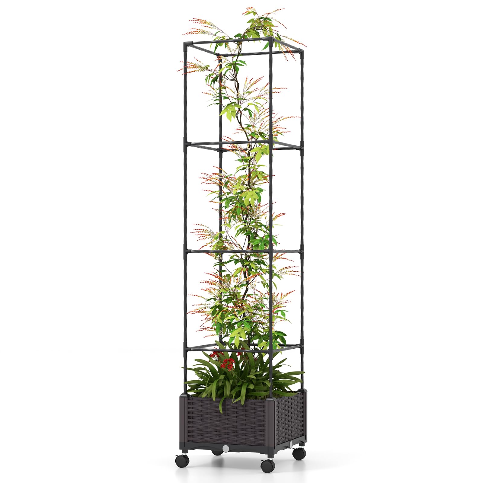 GOPLUS Jardinière avec Treillis Jardin pour Plantes Grimpantes, Obélique avec Carré Potager Pot,Cage à Tomates à roulettes 4 Hauteurs 170/130/90/50CM 40 x 40 x 32CM